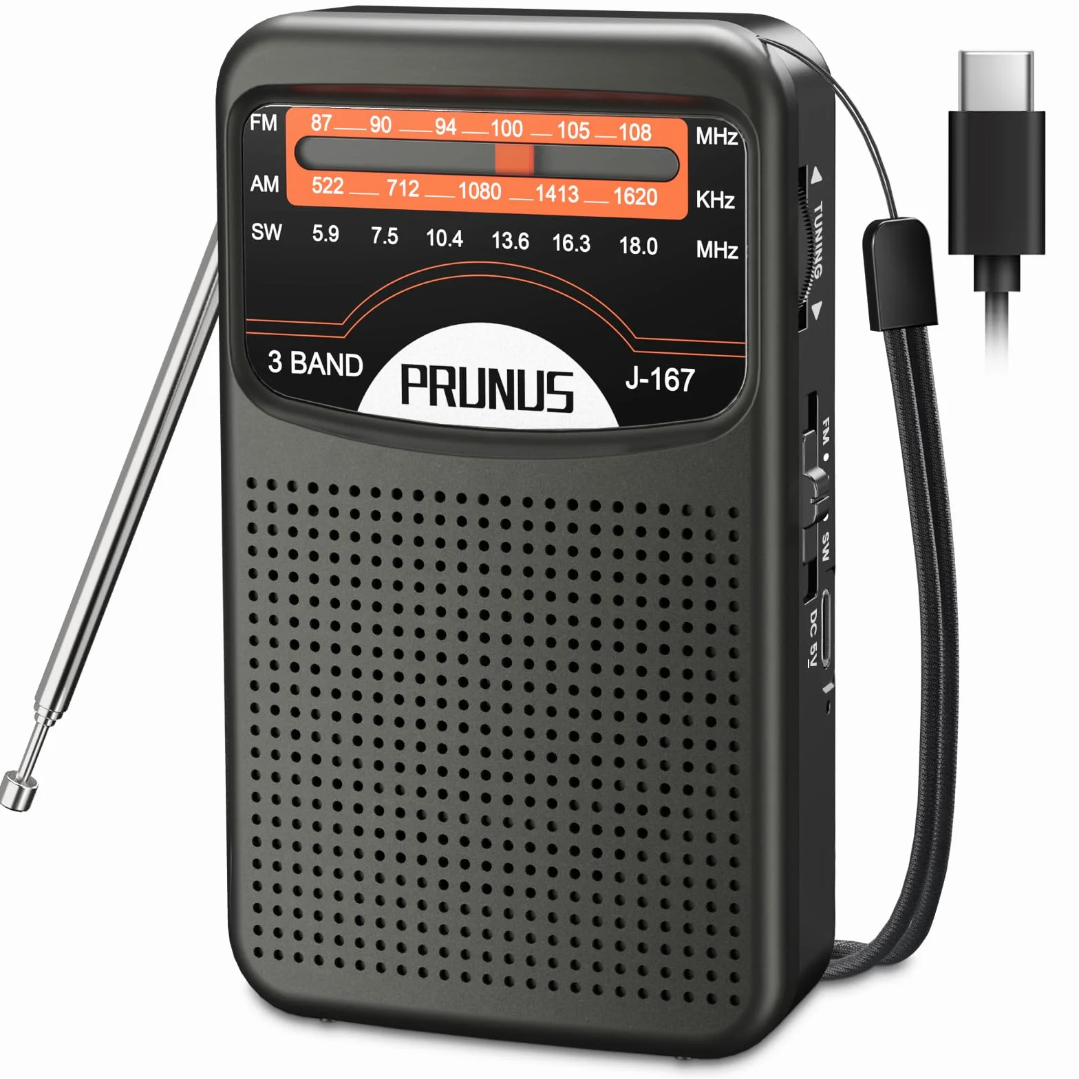 PRUNUS J-167 Radio Portatile Ricaricabile FM/AM con Jack/Cinturino, Nero