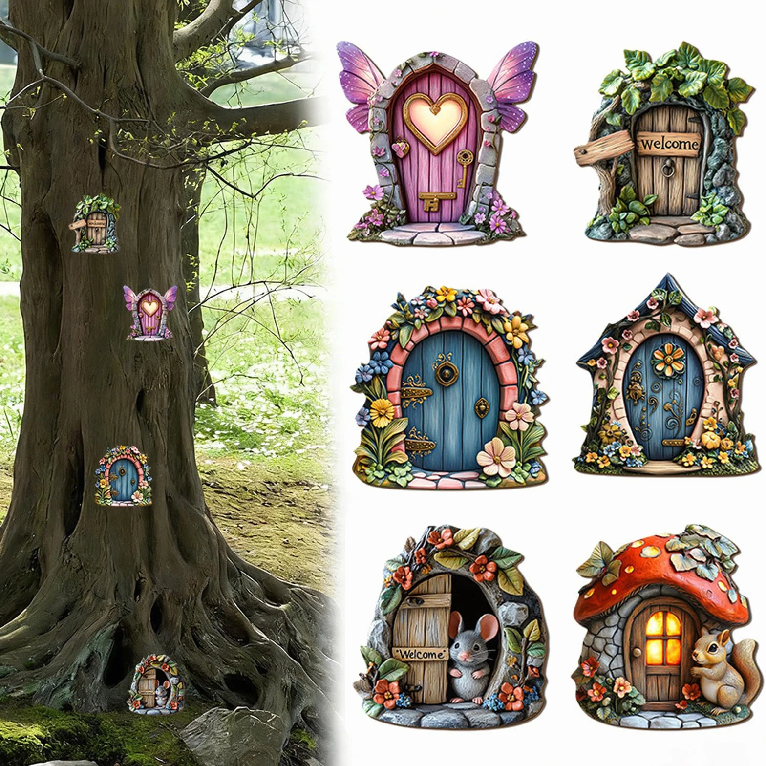 6 Pezzi Porte di Legno Delle Fate, Porticina Elfo Dell'Albero Del Giardino Delle Fate, Decorazione Giardino Miniatura 2D con Porticina Elfo Albero, Accessorio Artistico per Esterni Casa