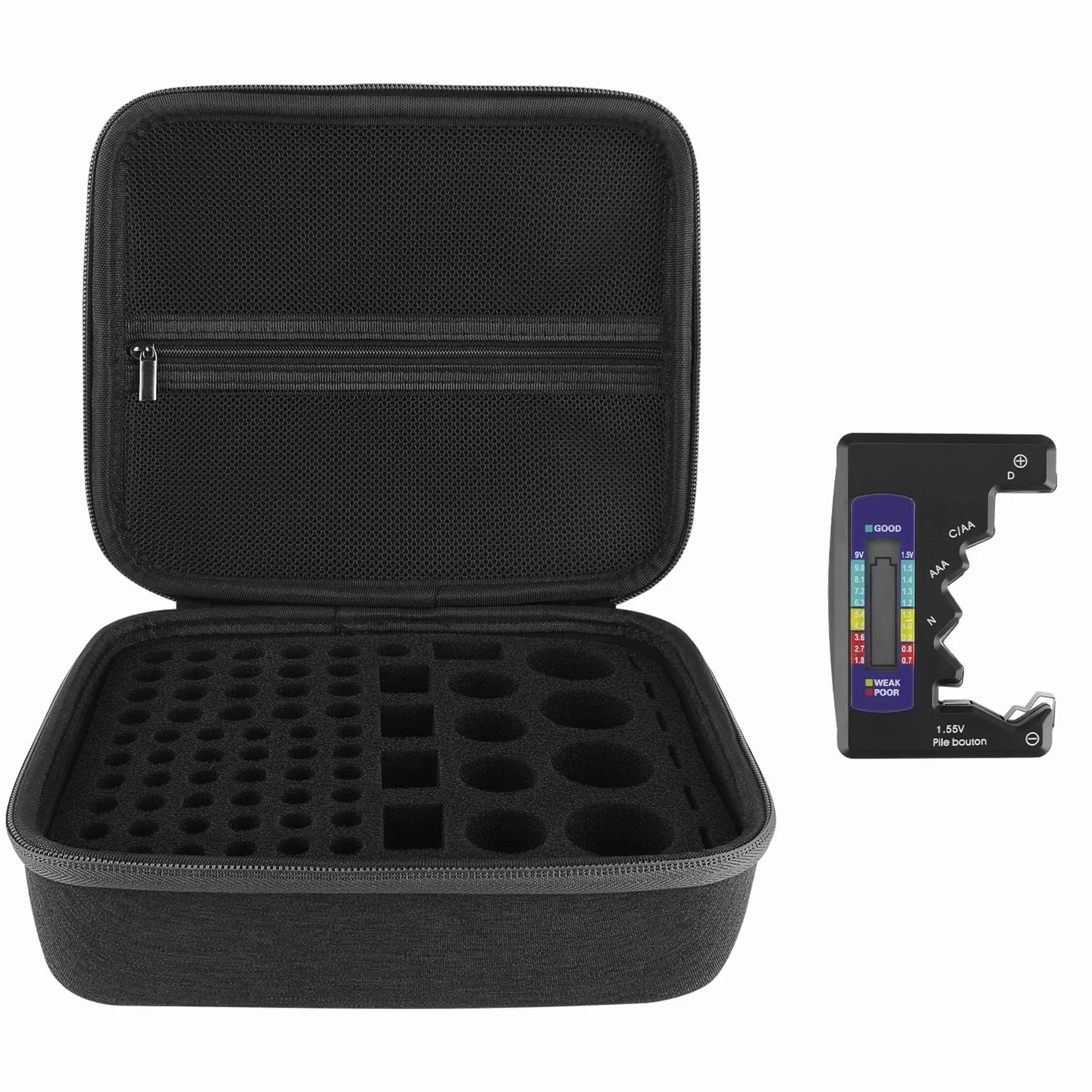 Linkidea Contenitore Rigido per Batteria, Scatola Organizer con Tester BT-168, Custodia per 76 Batterie AA AAA 9V C D