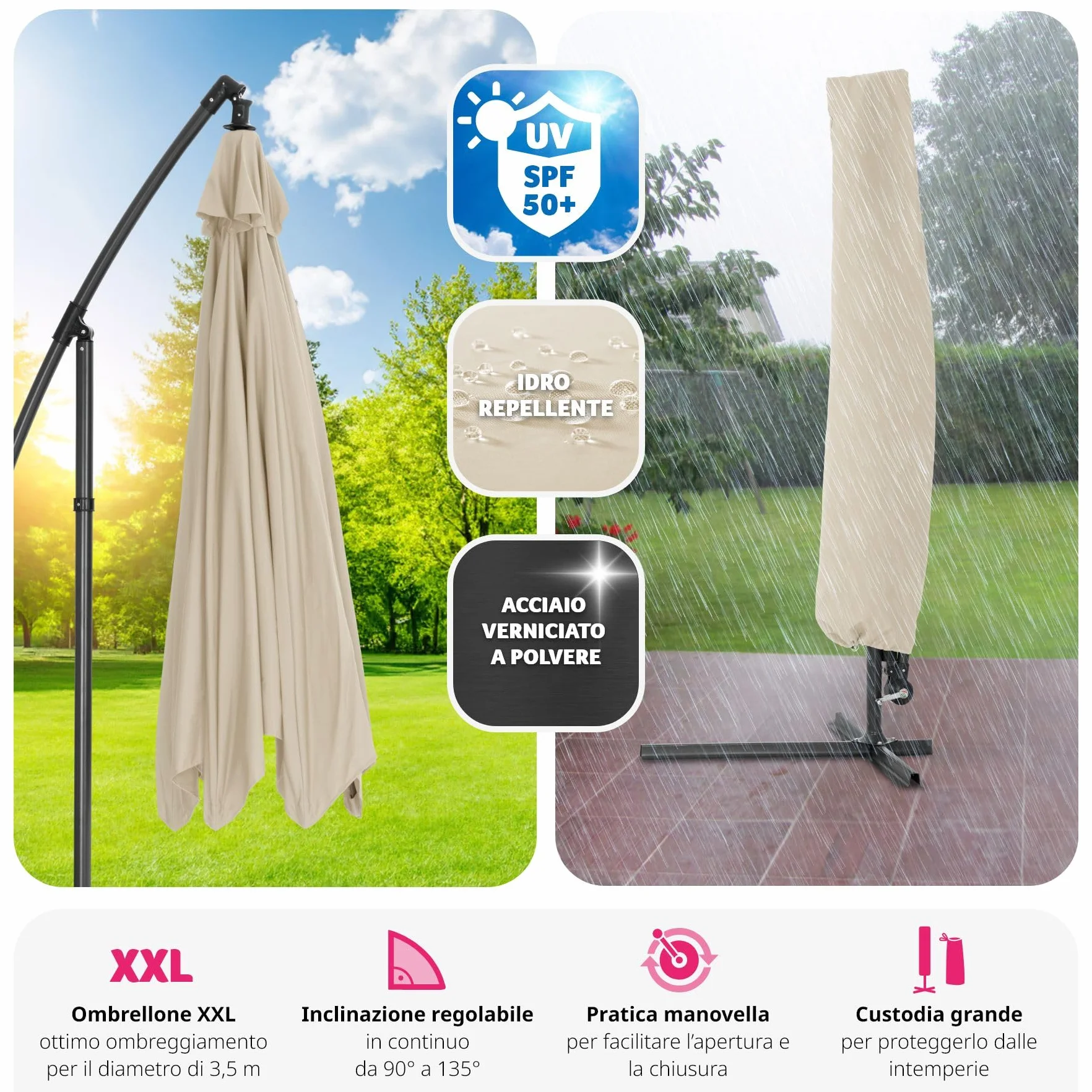 tectake® Ombrellone da Esterno con Robusta Struttura di Sostegno, Inclinabile, Idrorepellente, Resistente ai Raggi UV, Custodia Ombrellone da Giardino Inclusa