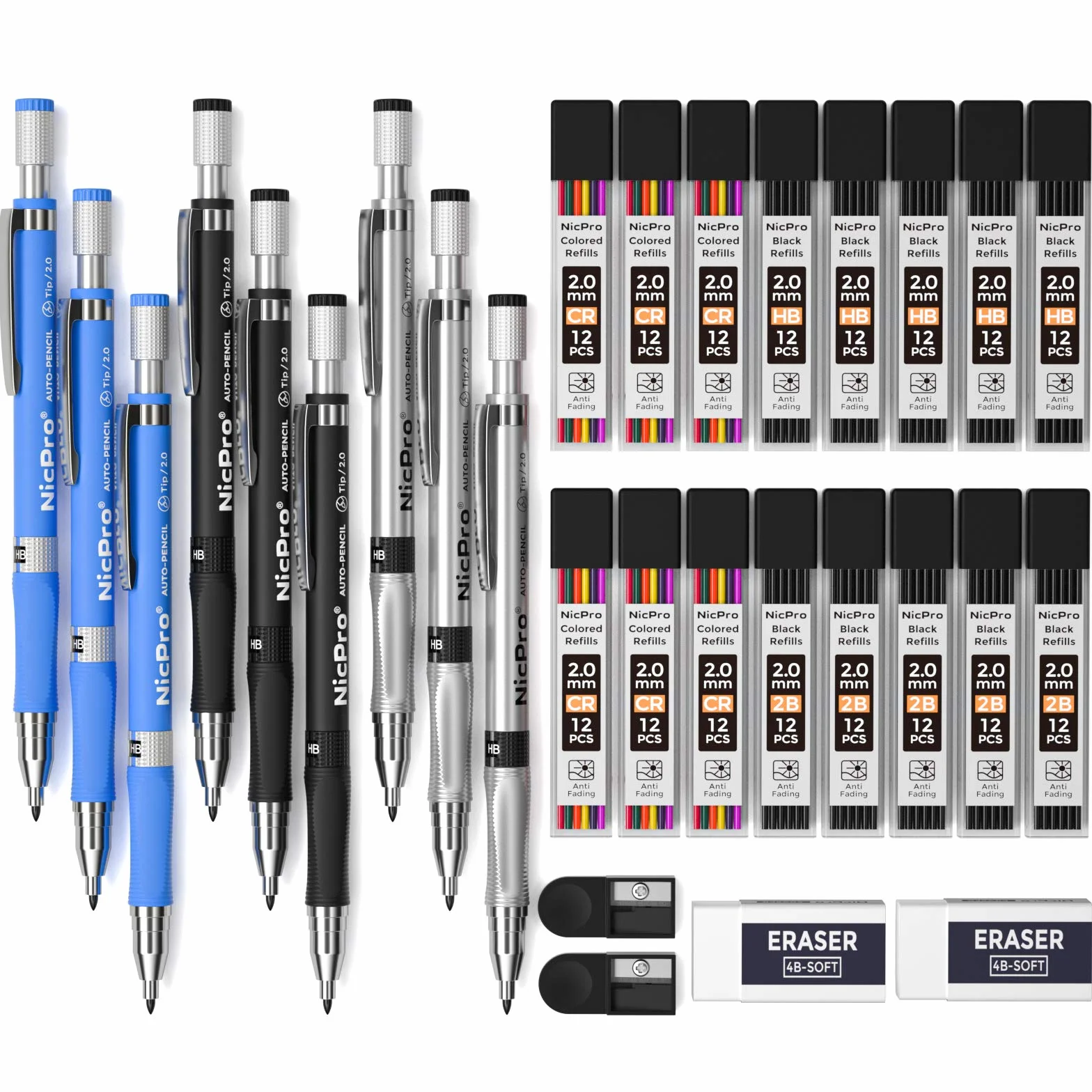 Nicpro 6 Pezzi 2mm Matite Meccaniche Set con 16 Tubo Mine HB & 2B, Gomma, Temperamatite per Artista, Disegno
