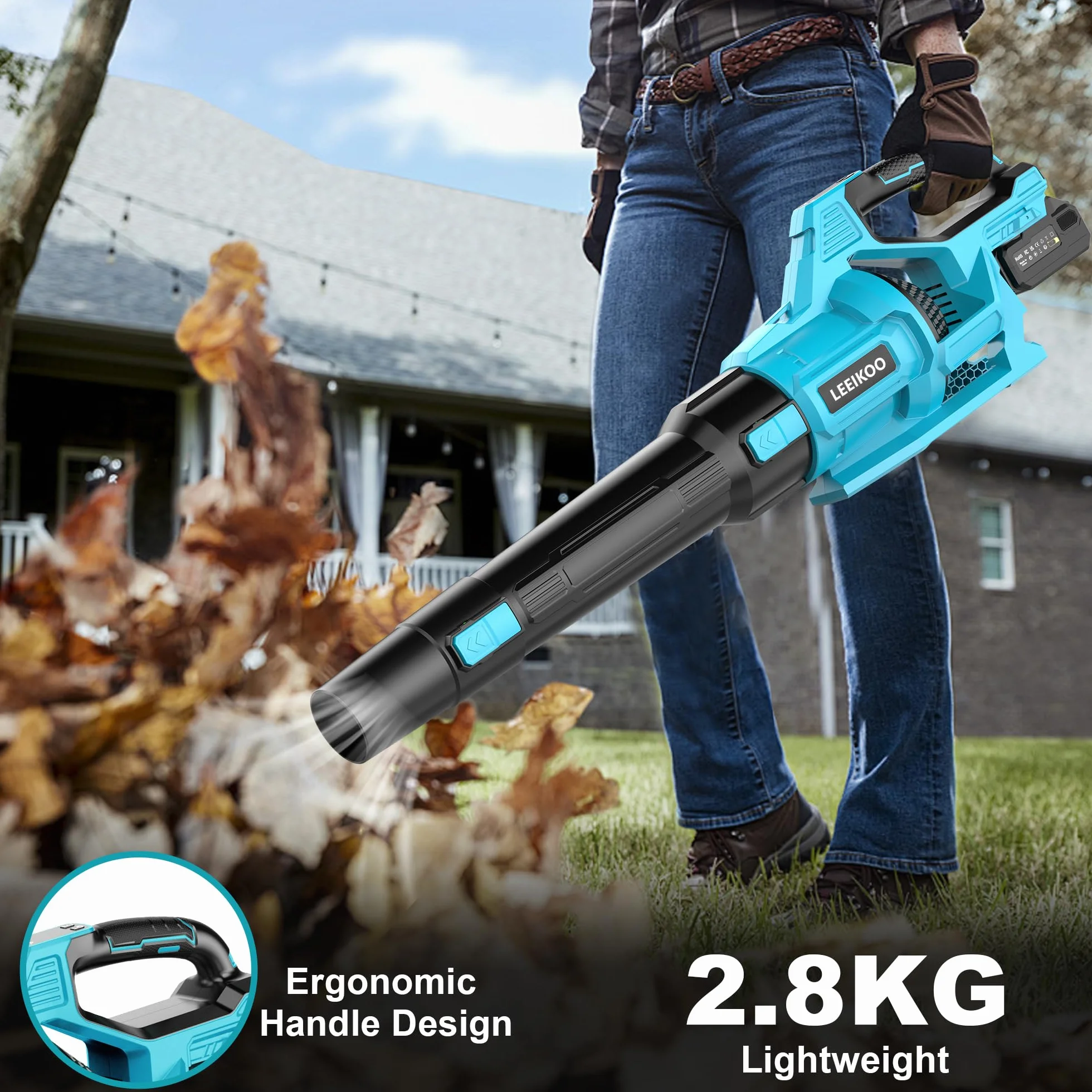 21V Soffiatore a Batteria, Soffiatore Foglie con 2 Batteria 4,0Ah, 3 Impostazioni di Velocità, 2 Tubi di Soffiaggio Staccabili, Cintura per Fango la Pulizia del Giardino