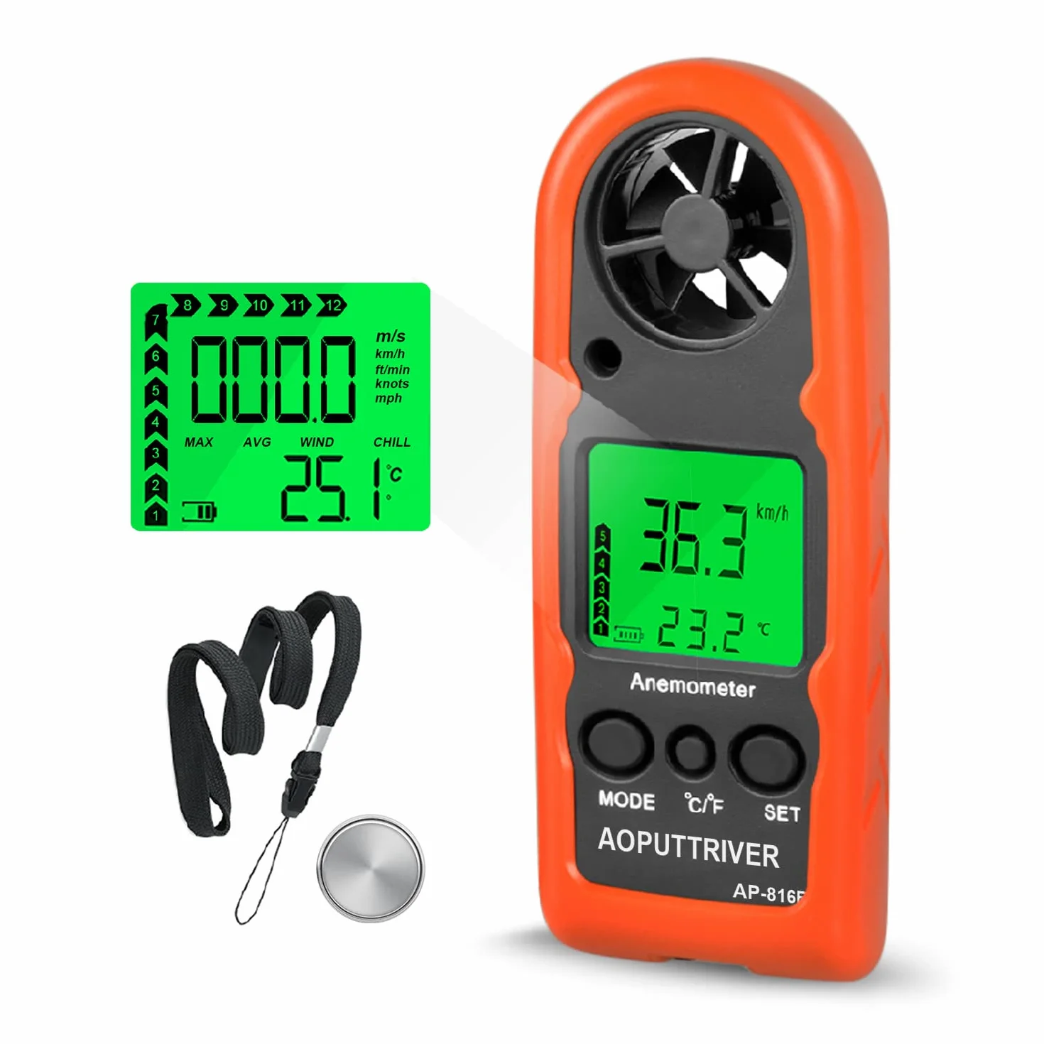 Anemometro Portatile, AP-816B Misuratore Di Velocità Del Vento, Anemometro con Termometro Retroilluminato per Misurare la Velocità, HVAC CFM, Volo con Drone, Pesca, Vela