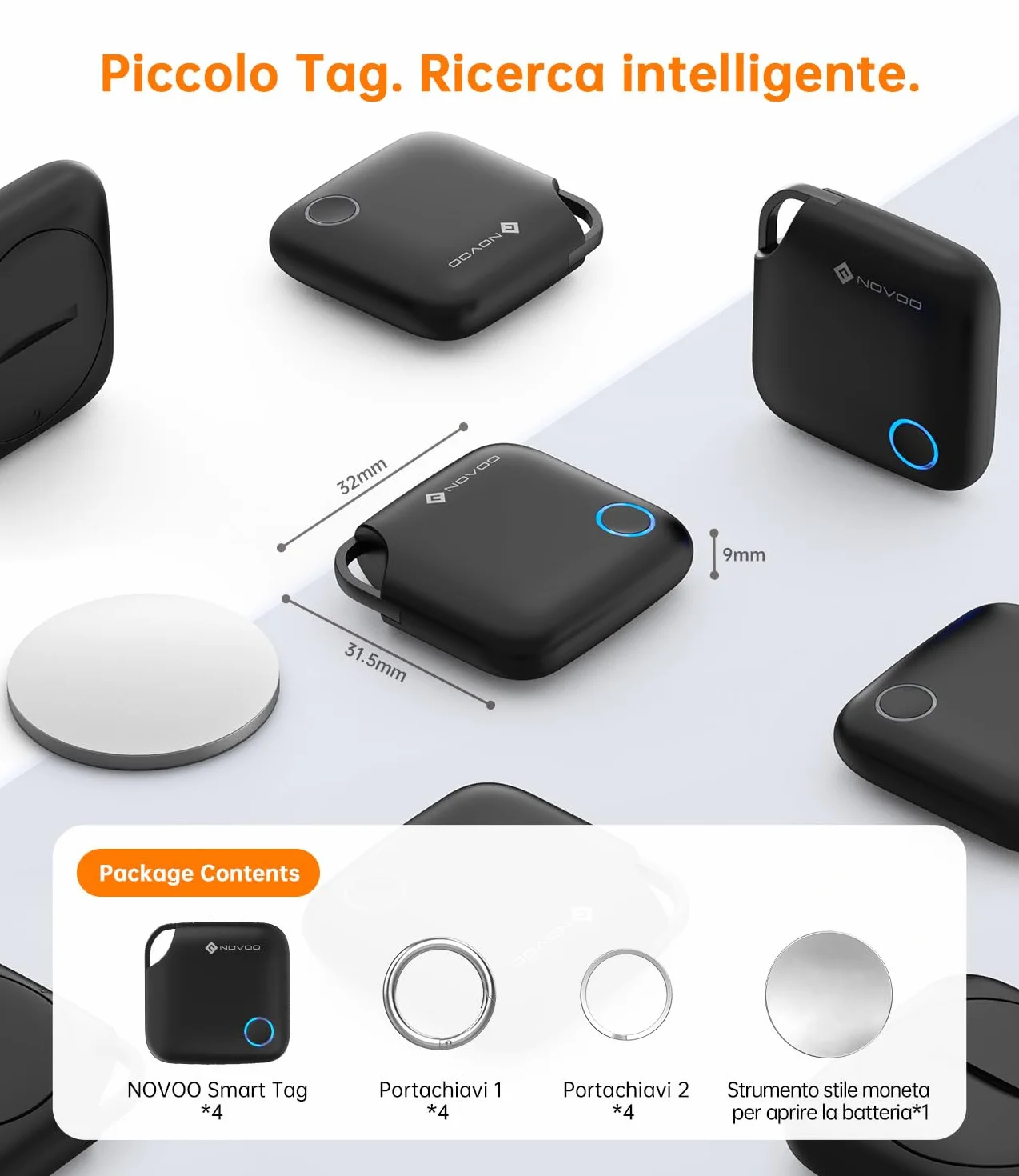 NOVOO Smart Tag Apple Find My Localizzatore Oggetti Allarme 80 dB Batteria Sostituibile Blocco Bambini Tracker Chiavi Portafoglio Bagagli 4 Pezzi