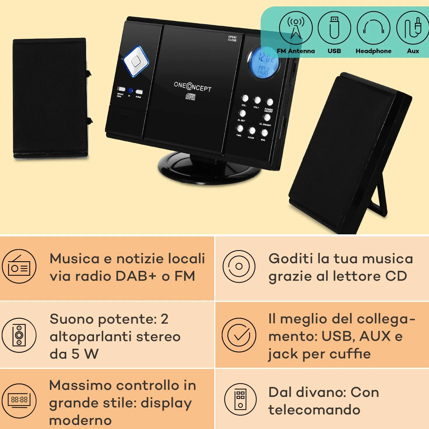 oneConcept Radio Portatile Lettore CD HiFi FM Stereo AUX 2 Altoparlanti Display LCD MP3 Ingresso SD 3W