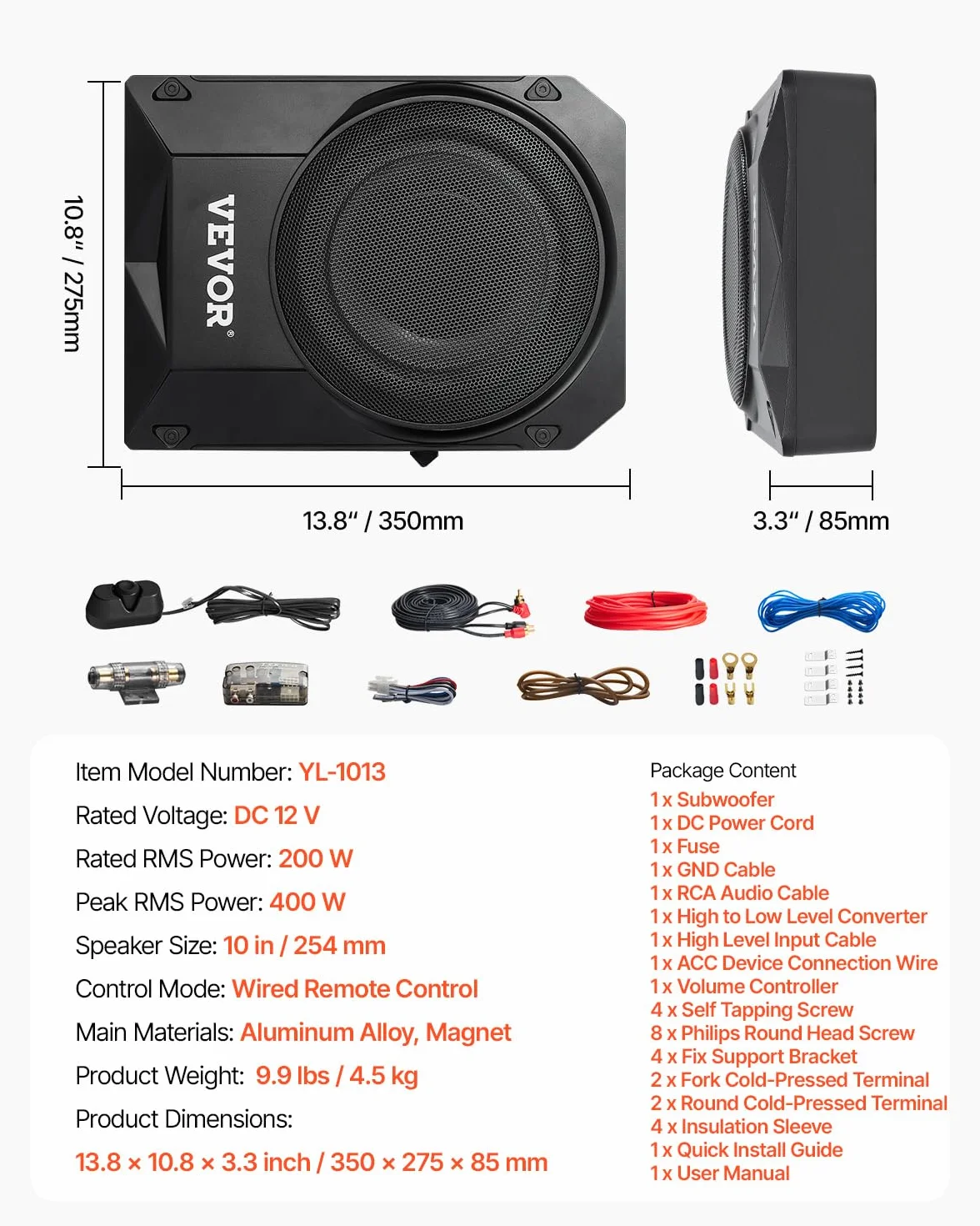 VEVOR Subwoofer 400 W 254 mm sottile con amplificatore integrato ingresso alto/basso controllo volume per camion SUV