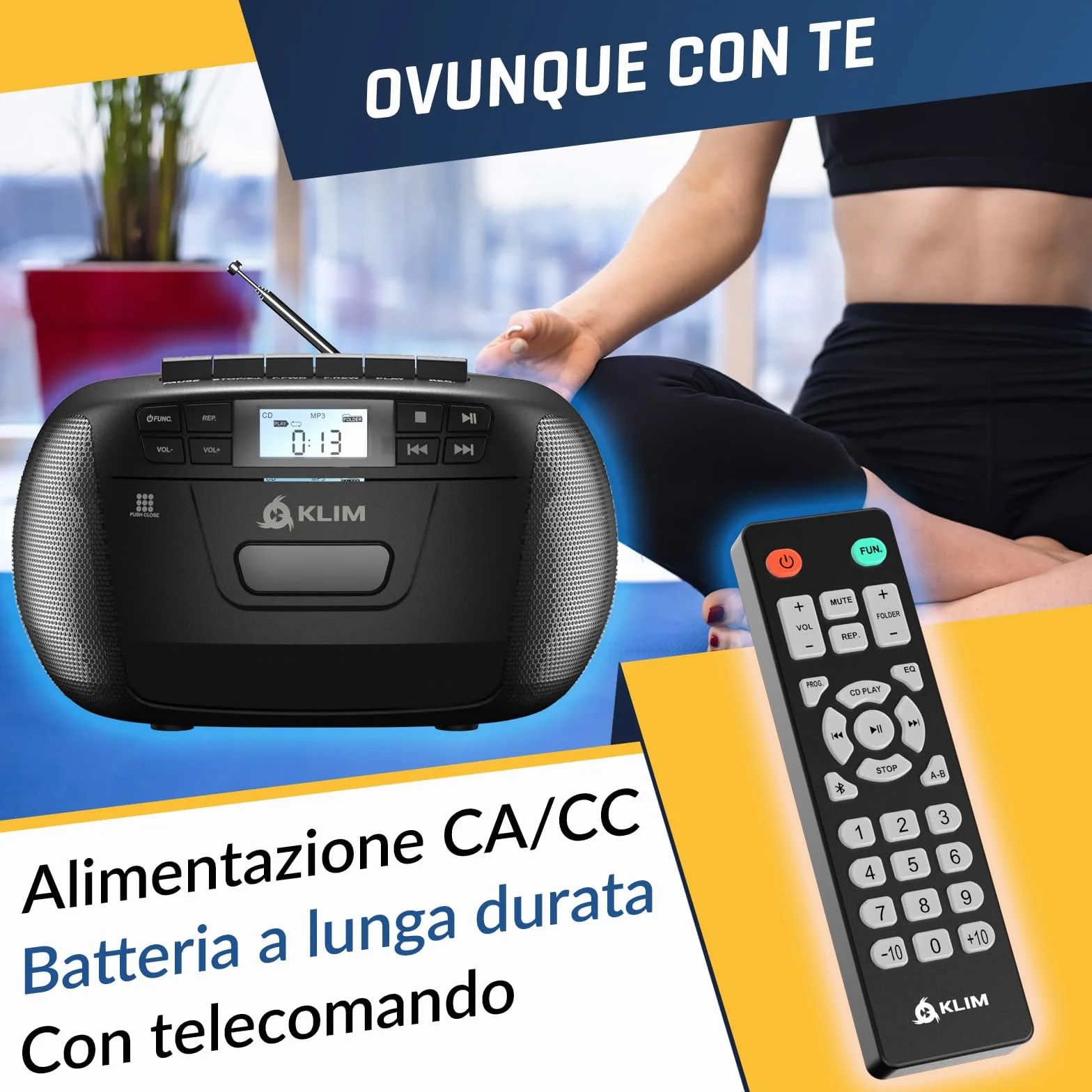 KLIM Lettore CD Custodia Stereo Cassette AM/FM Radio Bluetooth USB AUX AC/DC