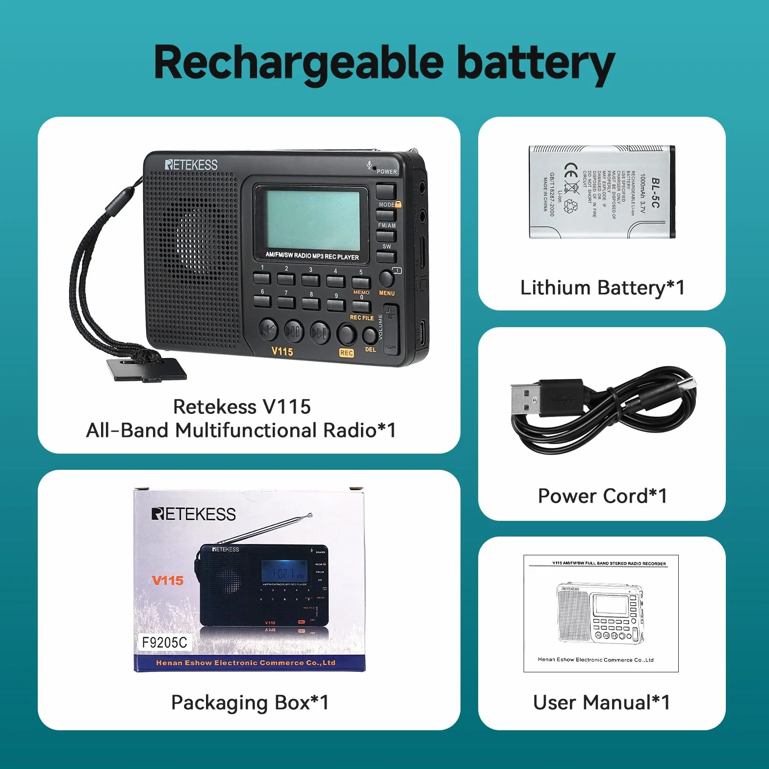 Retekess V115 Radio FM Portatile AM SW con Supporto USB AUX TF Batteria Ricaricabile Nero