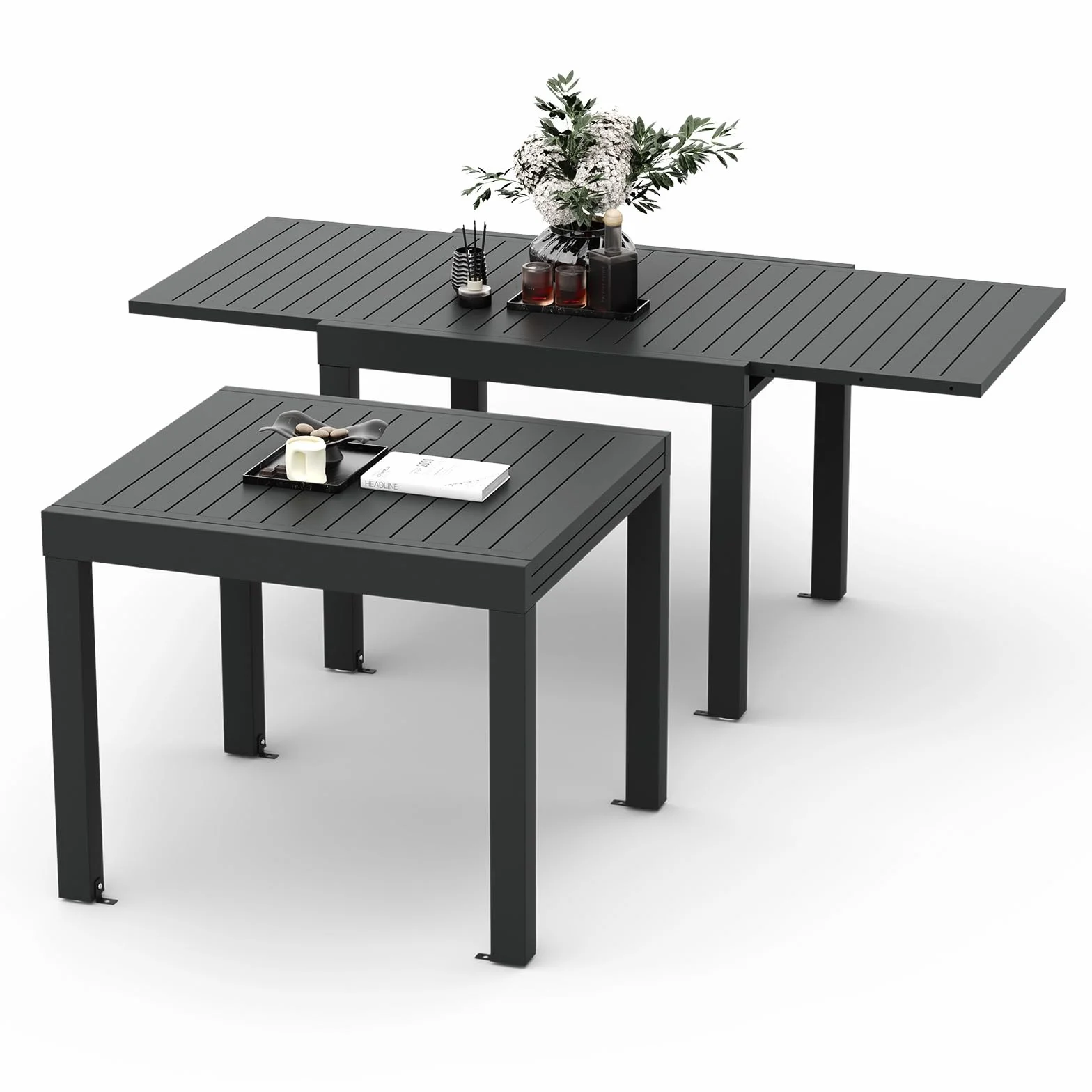 Devoko Tavolo da giardino, allungabile, 80/160 X 80 X 75 Cm, piccolo tavolo allungabile, alluminio, per balcone, resistente alle intemperie, allungabile, tavolo da pranzo per esterni, Grigio scuro