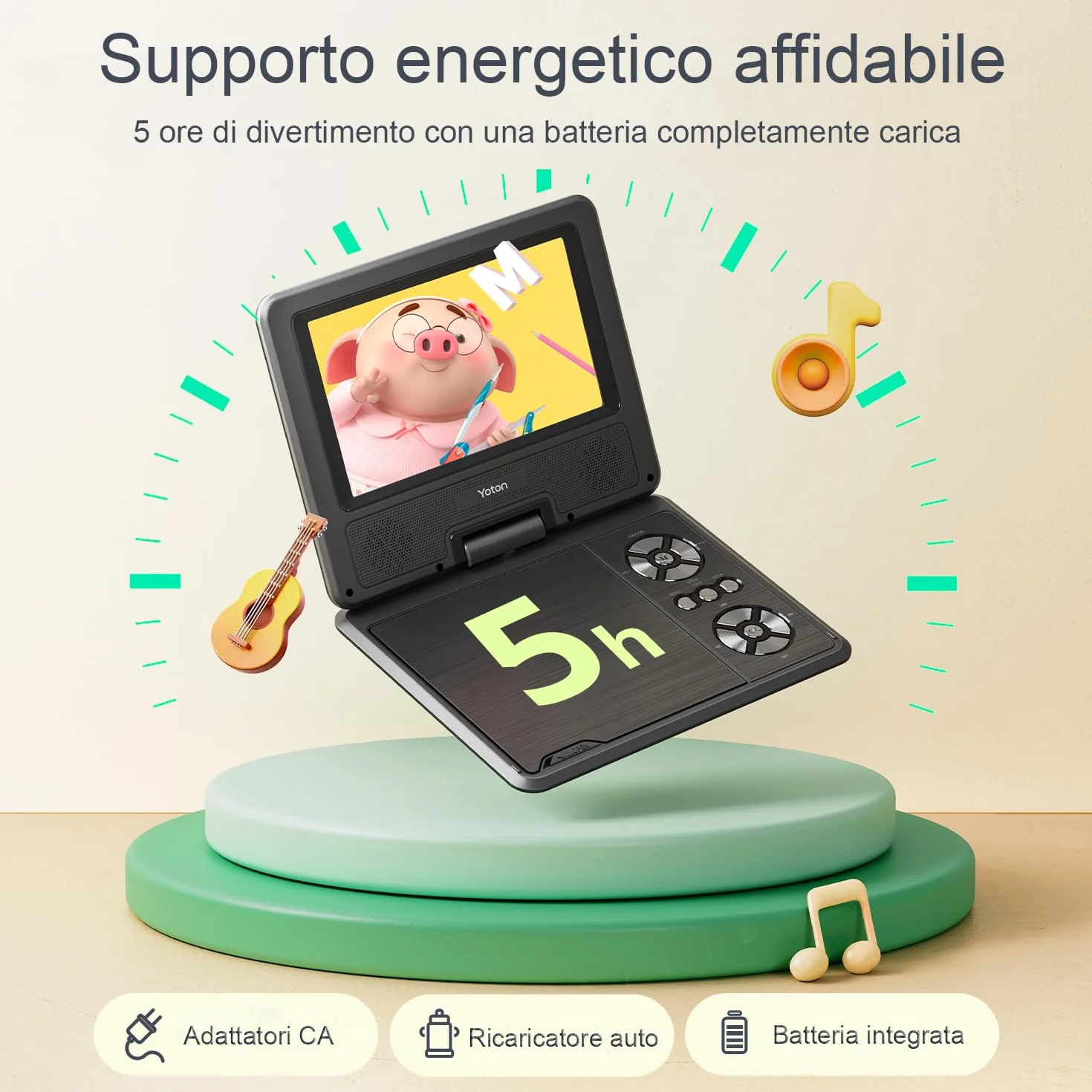 Yoton Lettore DVD Portatile 9,5" HD Schermo Girevole 7,5" Batteria 6 Ore Senza Regione Altoparlanti Potenziati Multiformato Dischi SD USB Sync TV Proiettore