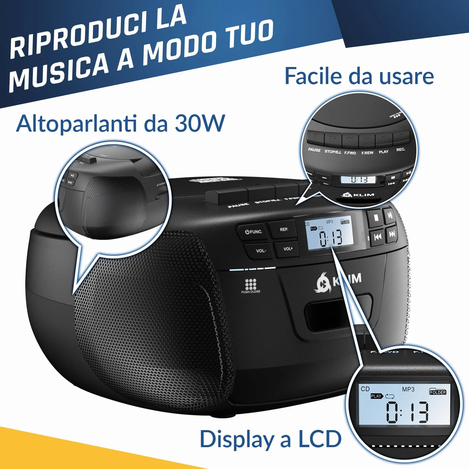 KLIM Lettore CD Custodia Stereo Cassette AM/FM Radio Bluetooth USB AUX AC/DC