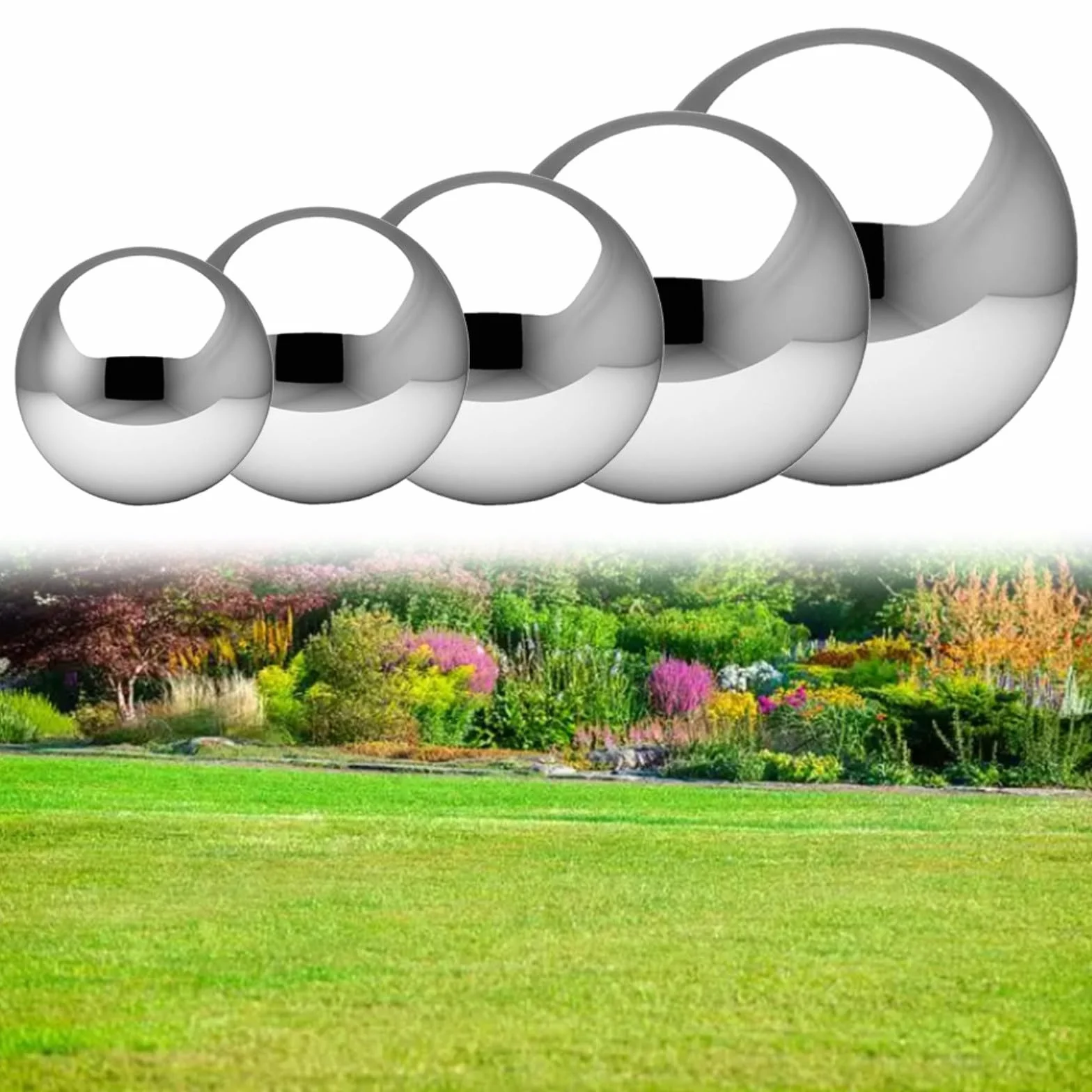 Sfere decorative a specchio in acciaio inossidabile per giardino, cortile, patio, prato, ornamento riflettente per esterni, decorazione per acqua esterna, finitura argentata, 150 mm (1 pezzo)
