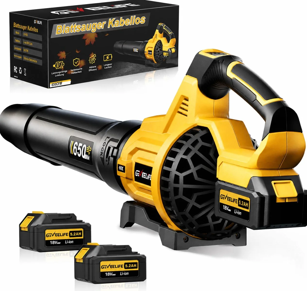 GEVEELIFE Soffiatore elettrico a batteria, 18 V, 257 km/h, con batterie a 3 marce e 2 batterie da 5,2 Ah, senza fili, per giardino, foglie, polvere e neve (batteria inclusa), giallo
