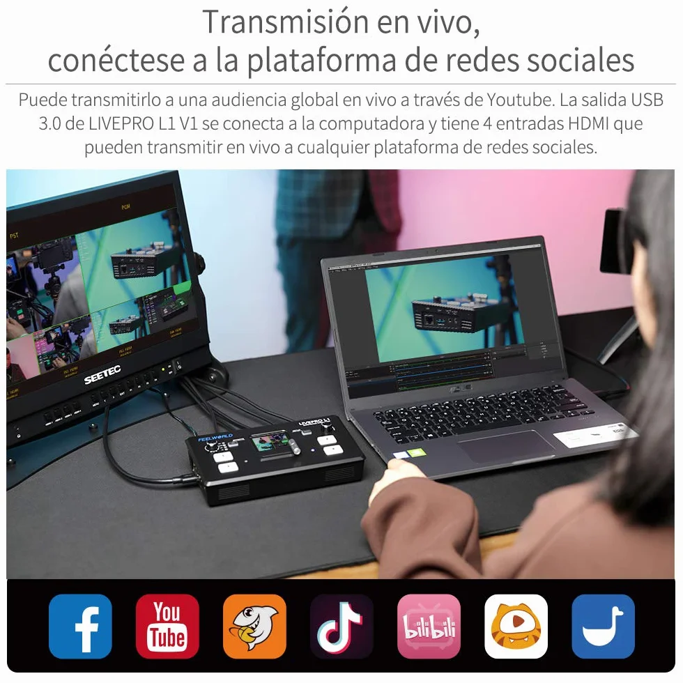 FEELWORLD LIVEPRO L1 V1 Mixer Video Multiformato Switcher 2 Pollici LCD 4 Ingressi HDMI USB 3.0 Streaming Live