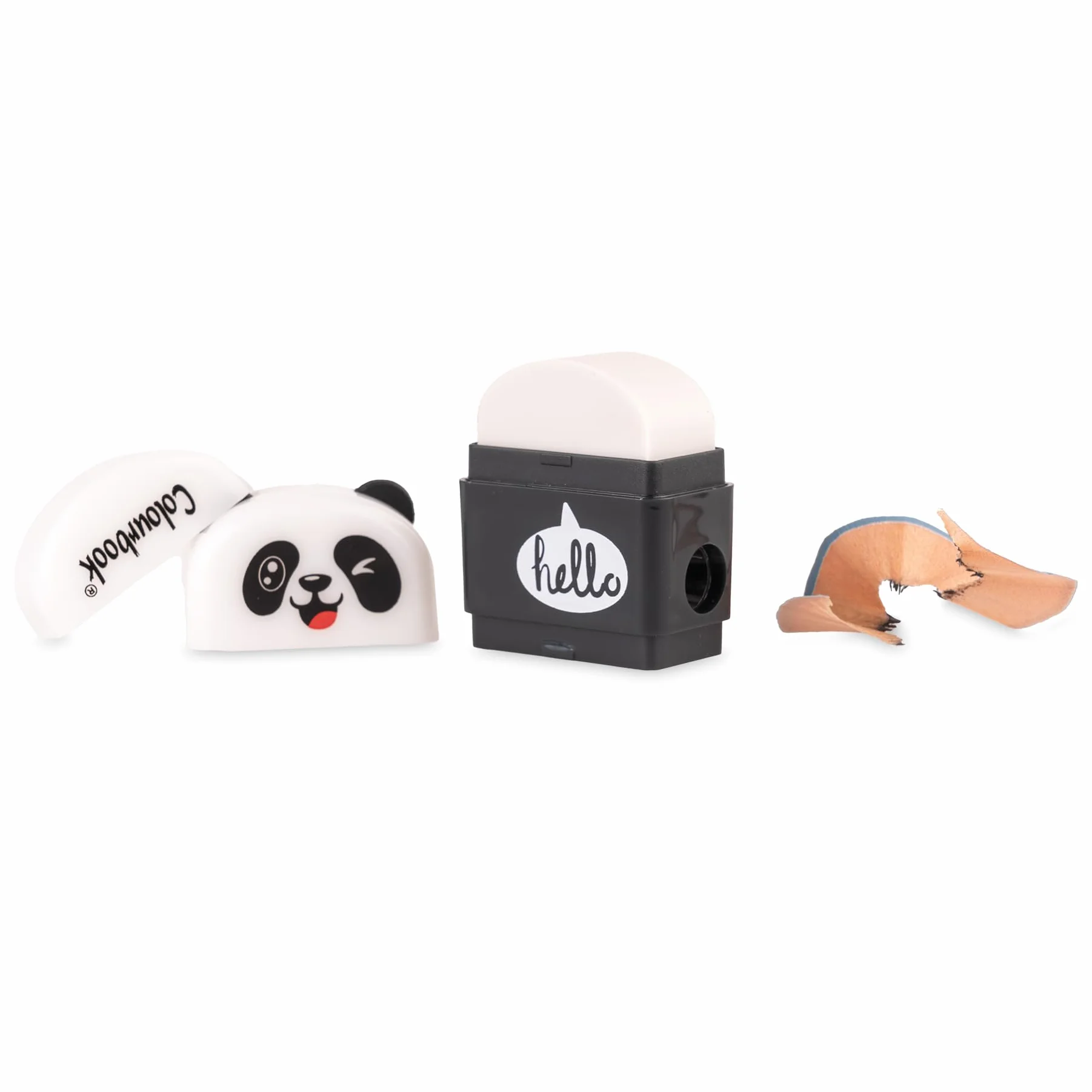 Colourbook Temperamatite 3 in 1 con Gomma e Contenitore Trucioli, Design Panda, Mini Temperino Compatto per Scuola, 4x1,5x1,5 cm