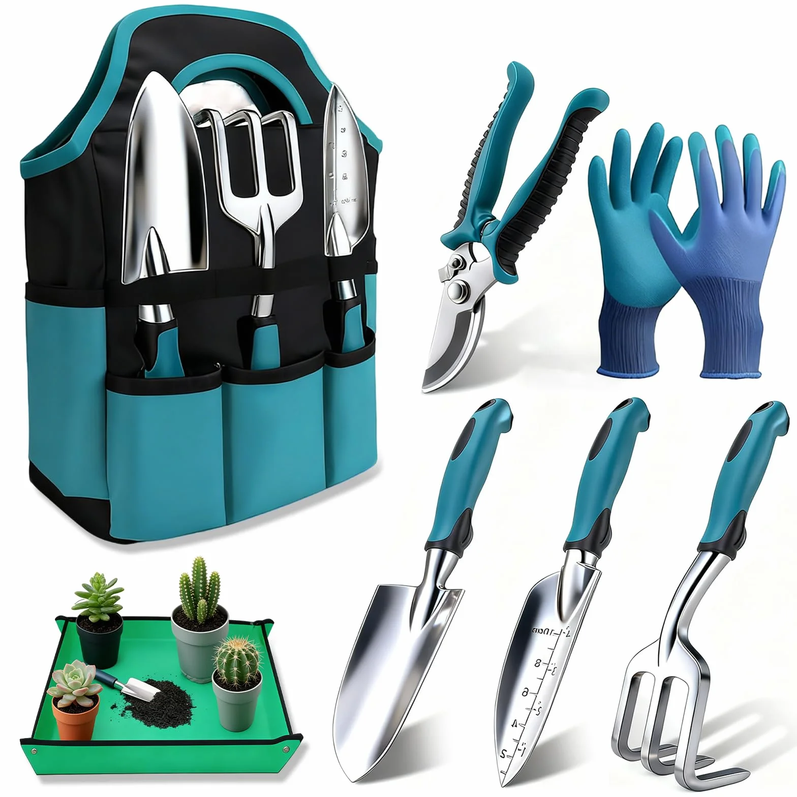 Kit da Giardinaggio Completo 7 Pezzi Set Giardinaggio in Alluminio Anti-Ruggine con paletta giardinaggios, Borsa, Set di attrezzi da giardinaggios, Regali da Giardino per Donna Uomo