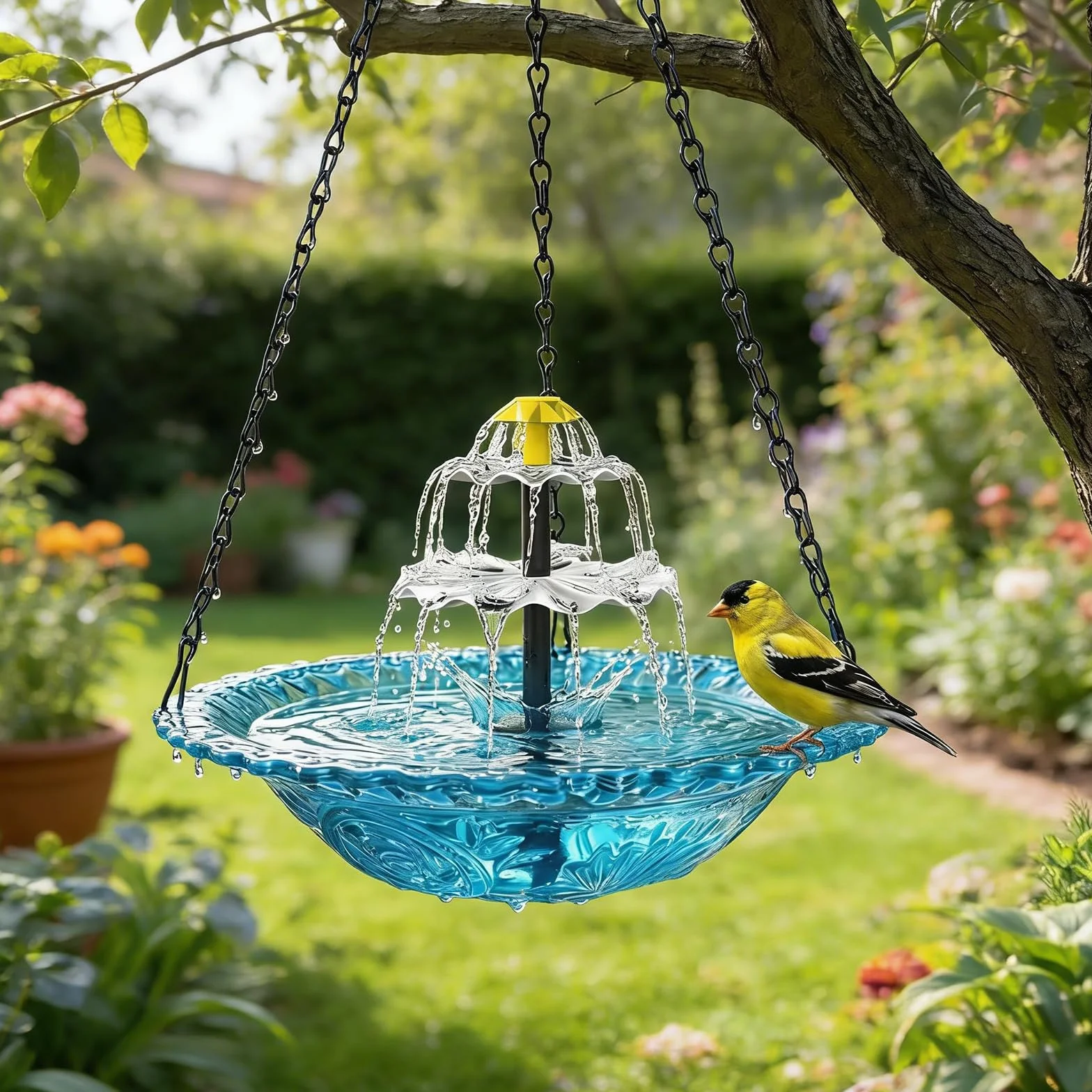 Vaschetta per Uccelli Appendibile con Fontana Solare a Cascata, Vaschetta per Uccelli con Pompa Solare Appendibile, Acqua Appendibile, Attrae Colibrì e Uccelli Selvatici, Decorazione da Giardino