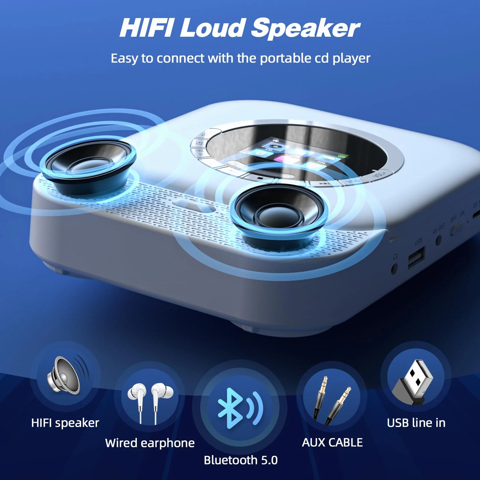 Arafuna Lettore CD Portatile Bluetooth con Altoparlanti HiFi, Radio, Display LED (Bianco)