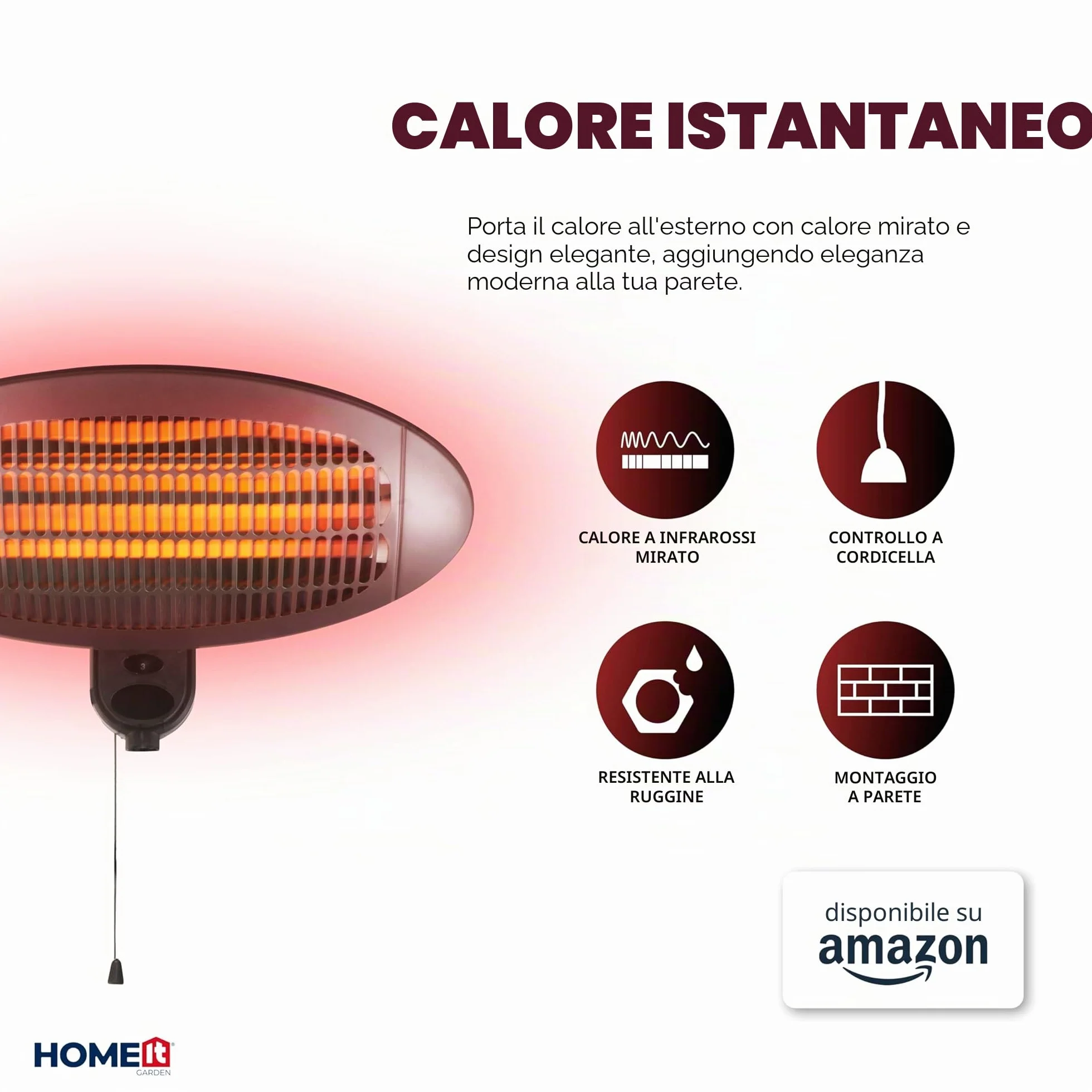 HOME It Stufa da Esterno a Infrarossi da Parete 2000W IP34 Riscaldatore al Quarzo