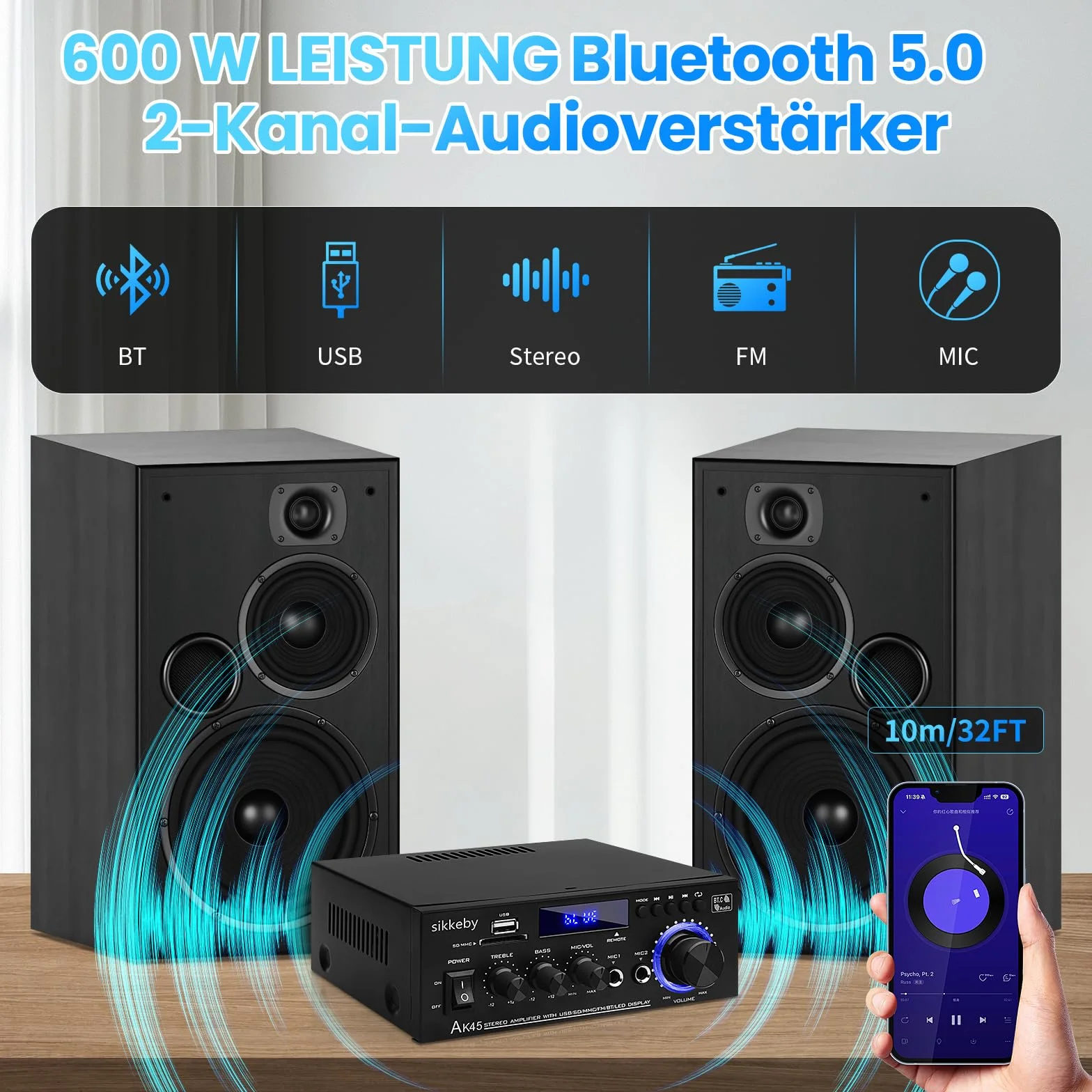 AK45 Hi-Fi Audio Amplificatore 600W 2.0CH Bluetooth 5.0 Stereo Ricevitore per Home Theater