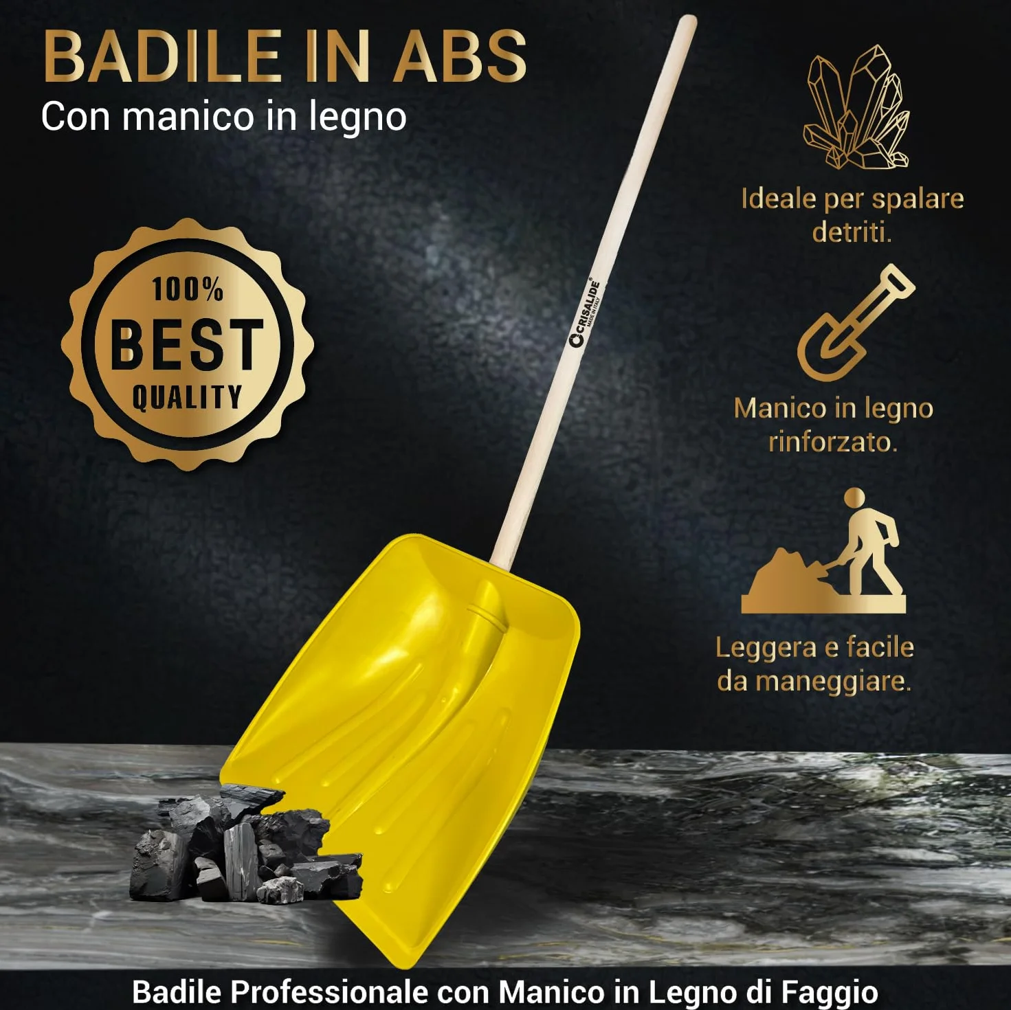 Crisalide® - Badile Super Resistente 37x42 cm con Manico in Legno - Versatile per Uso Agricolo, Giardinaggio e Lavori Pesanti, Multiuso, Pala da Neve