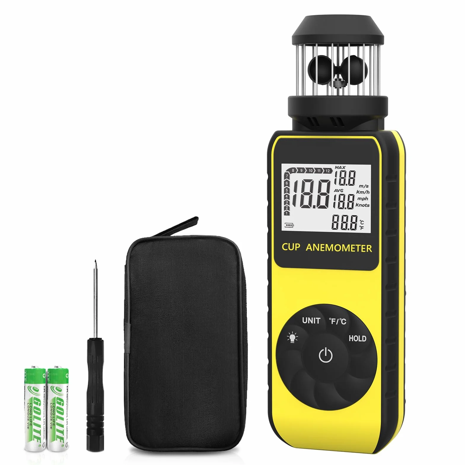 Wind Cup Anemometro per Esterno, ±4% Alta Precisione 0.7~42m/s Misuratore Velocità Vento con MAX/AVG Modalità & Temperatura Test, LCD Backlight, Wind Meter per Riprese, Drone, Vela