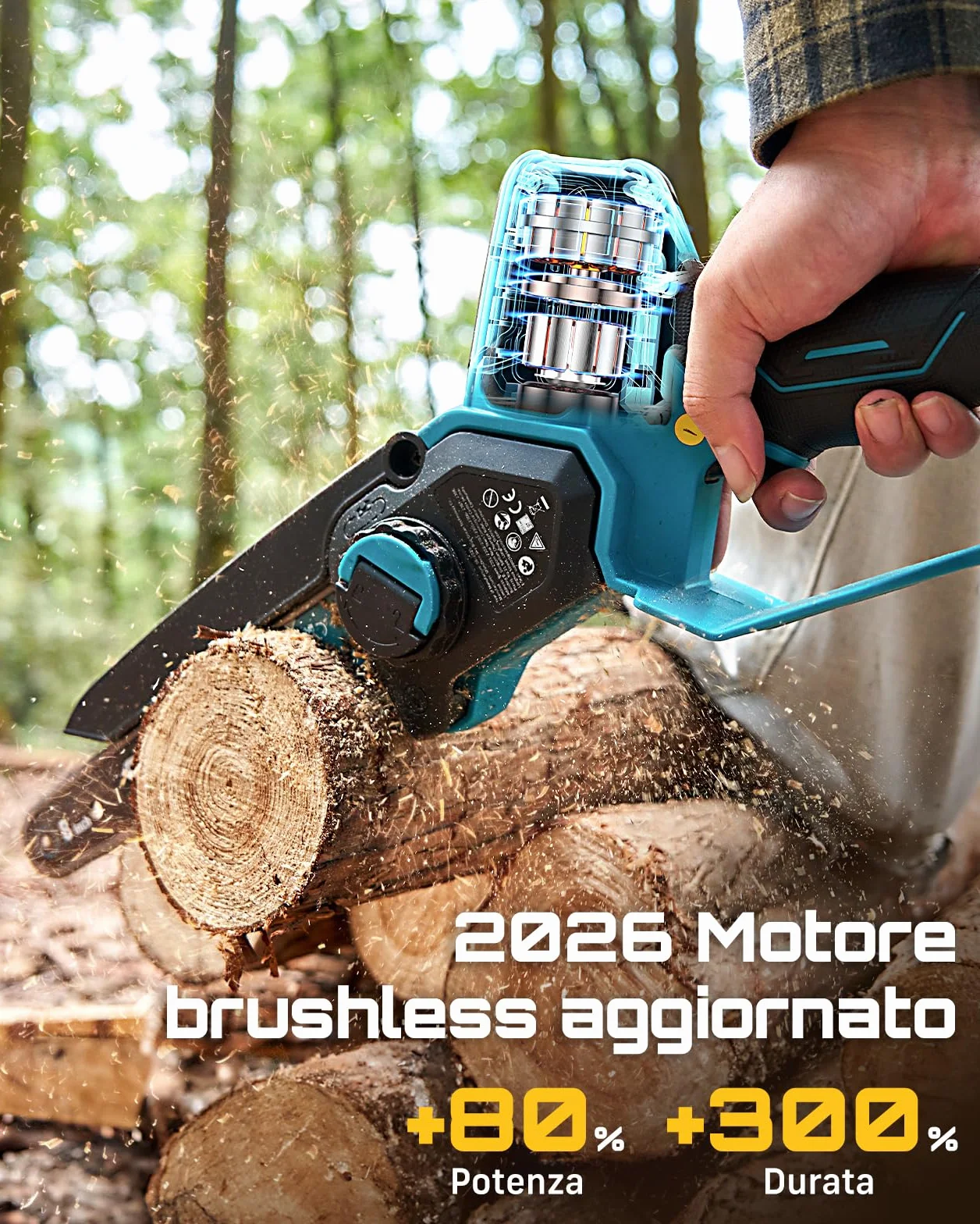 SEESII 6 & 8 Motosega a Batteria, 1000 W Mini Motosega con 2 * 4000 mAh Batterie, Sega Elettrica per Legno con Lubrificazione Automatica, Chainsaw Motosega da Potatura, Rami