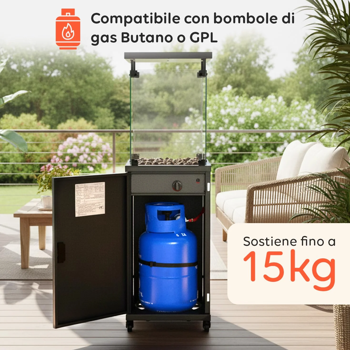 Wintem Caminetto a Gas da Esterno Nero 12 kW 15 m² Accensione Piezoelettrica Roccia Lavica Ruote