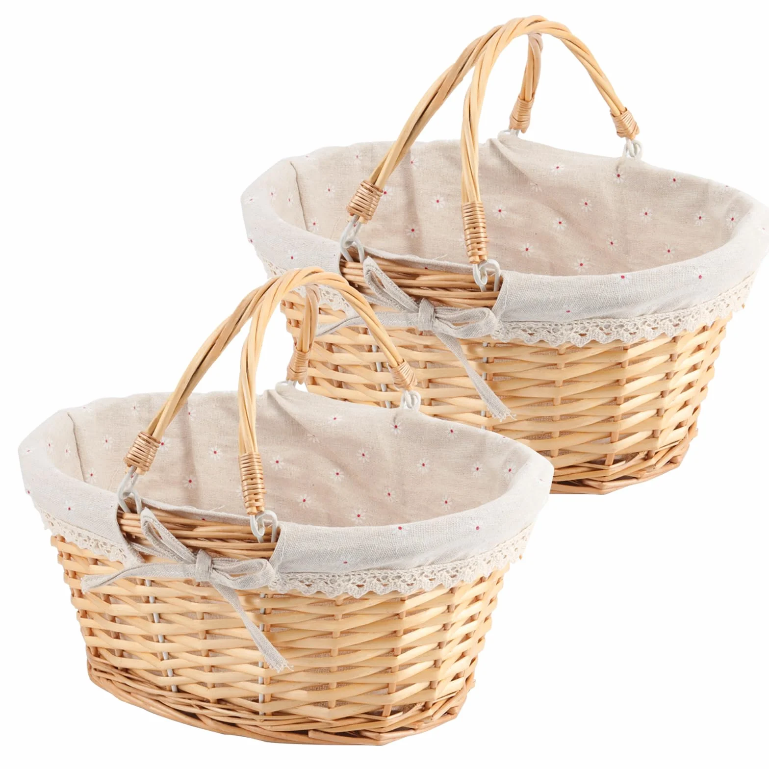 ZOENHOU 2 Cestini in Vimini di Salice Intrecciati a Mano, Cesto Picnic con Manico Pieghevole e Fodera in Lino, 33x23x12 cm, Marrone Chiaro