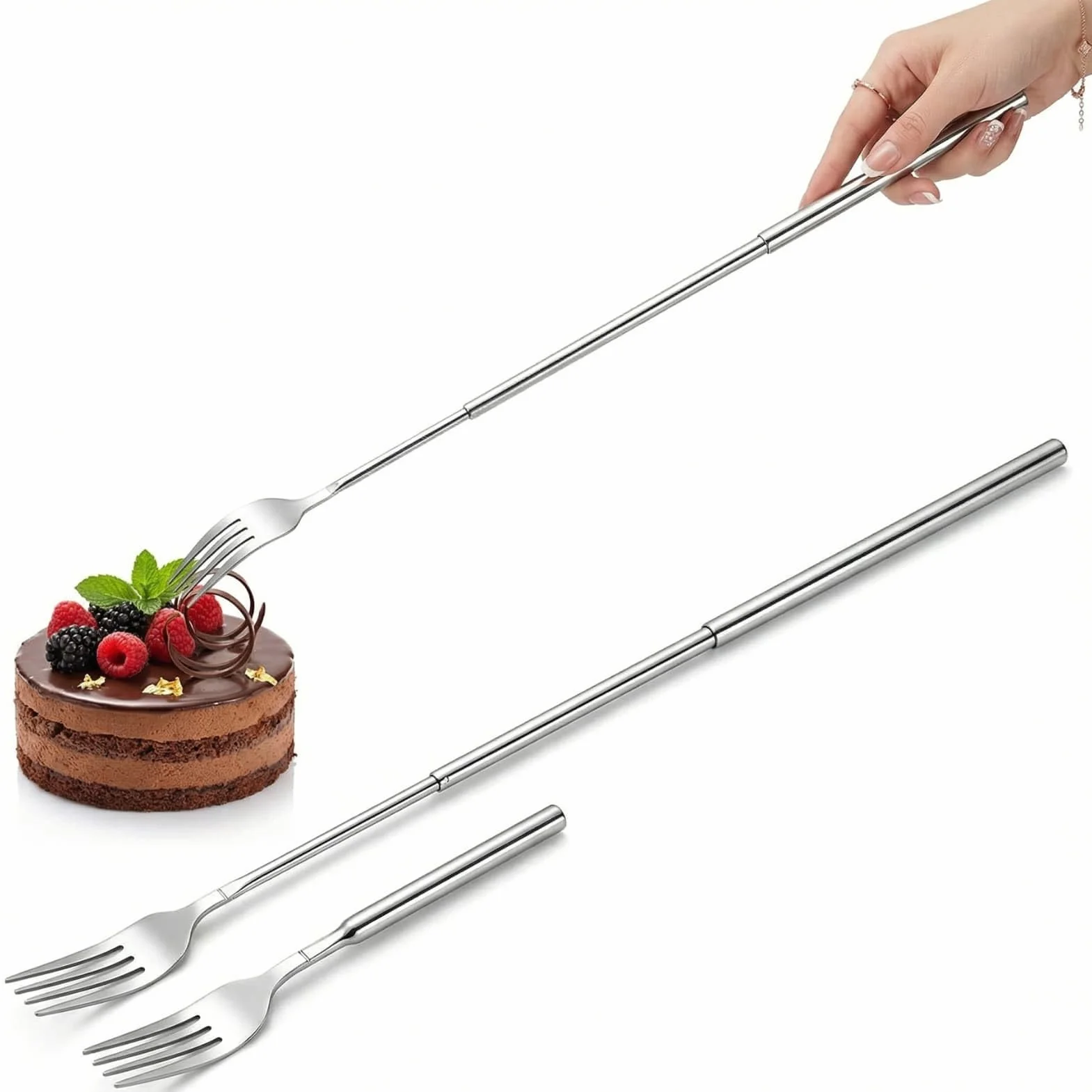 1 set di forchette allungabili in acciaio inox, regolabile da 22 a 65 cm, ideale per barbecue, barbecue e dessert
