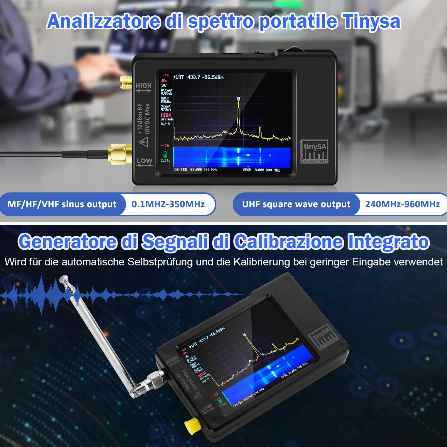 Analizzatore di spettro portatile AURSINC V0.3.1, 100 kHz-960 MHz, FM/MF/HF/VHF/UHF, touchscreen 2,8 pollici, protezione ESD