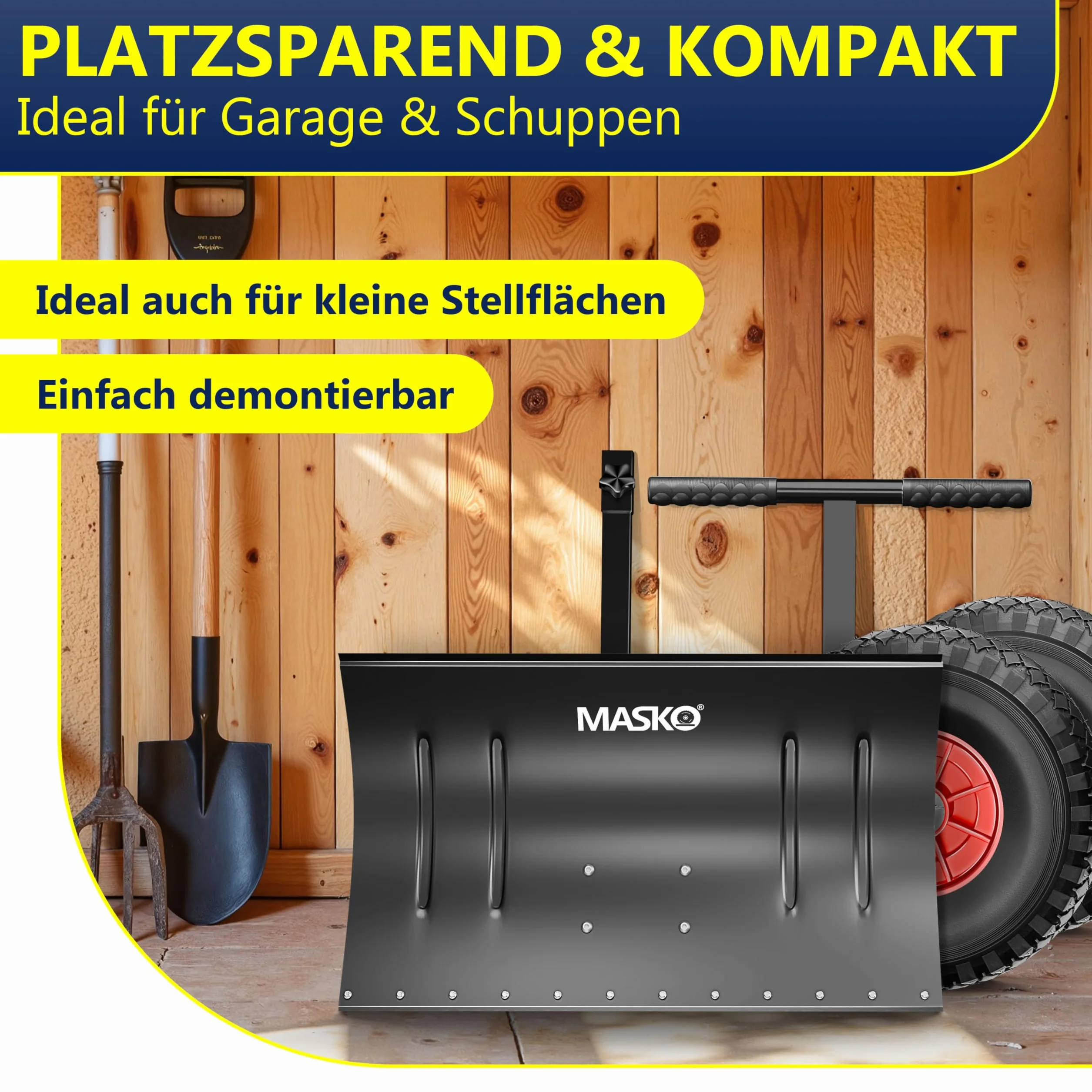 MASKO® Pala da neve su ruote regolabile in altezza – 5 posizioni regolabili in altezza, che non danneggia la schiena, 75 cm, larghezza di lavoro 42 cm