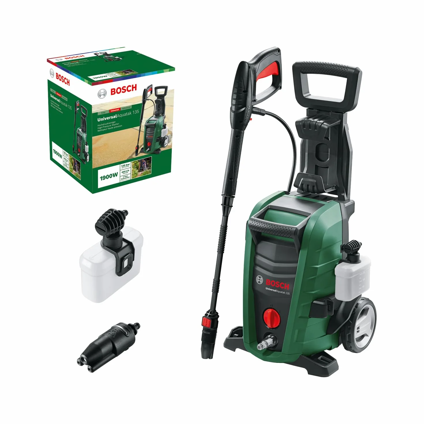 Bosch Idropulitrice UniversalAquatak 135, 2 ugelli, filtro per l’acqua, pistola ad alta pressione, tubo flessibile da 7 m, cavo da 5 m, potenza 1900 Watt, pressione: 135 bar, portata max.: 410 l/h