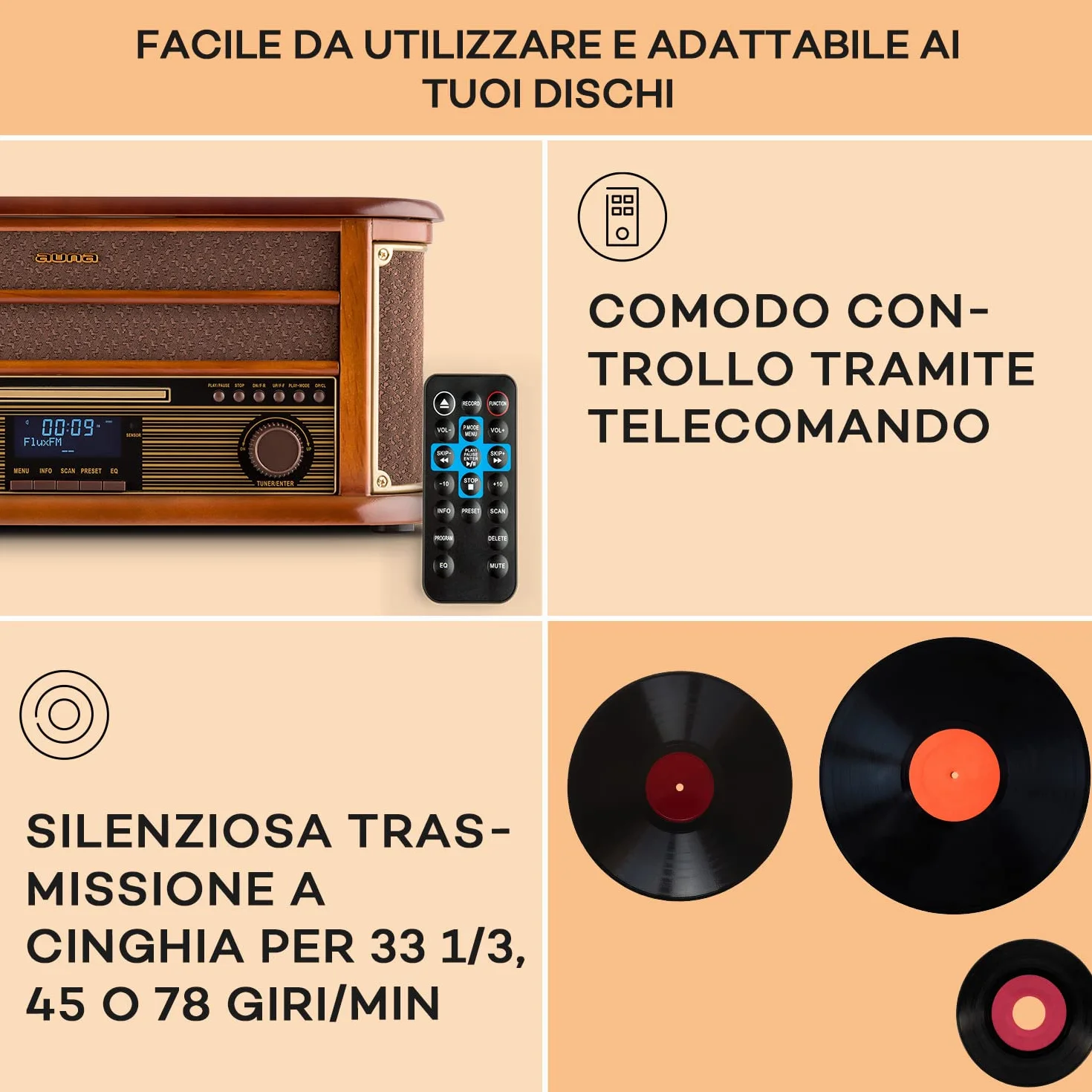 AUNA Belle Epoque 1908 Giradischi Vintage Radio Digitale DAB+ FM Bluetooth Lettore CD MP3 USB Marrone