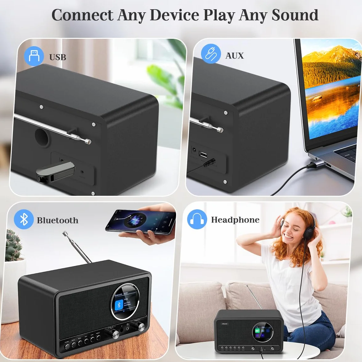 Radio Digitale DAB+/FM Bluetooth con Telecomando e Allarme Doppio, USB/AUX, 30 Stazioni