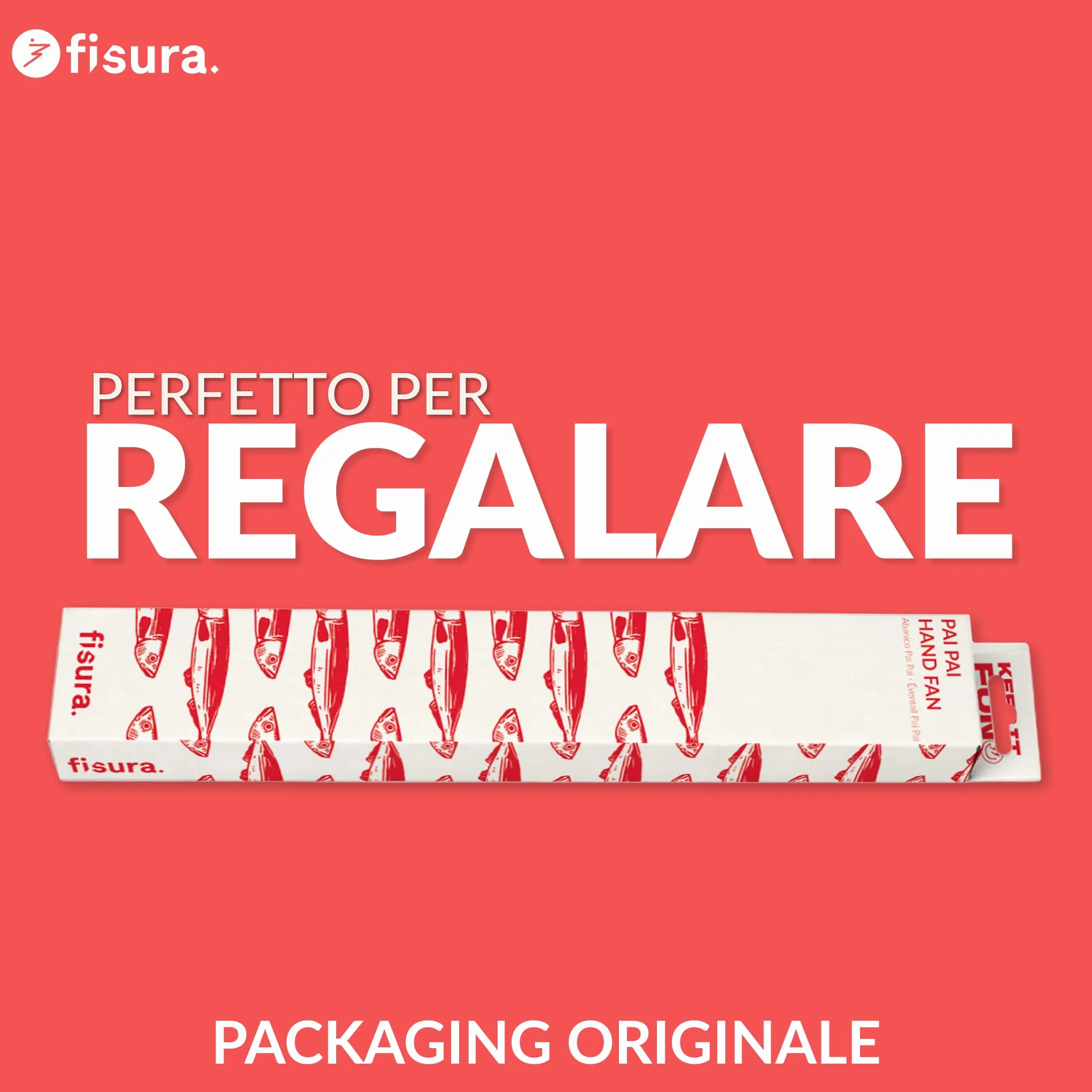 Fisura – Ventaglio pieghevole con motivo sardine, ventaglio originale in carta, pai pai bianco e rosso, accessorio per matrimonio, dettaglio per invitati, idea regalo festa o evento