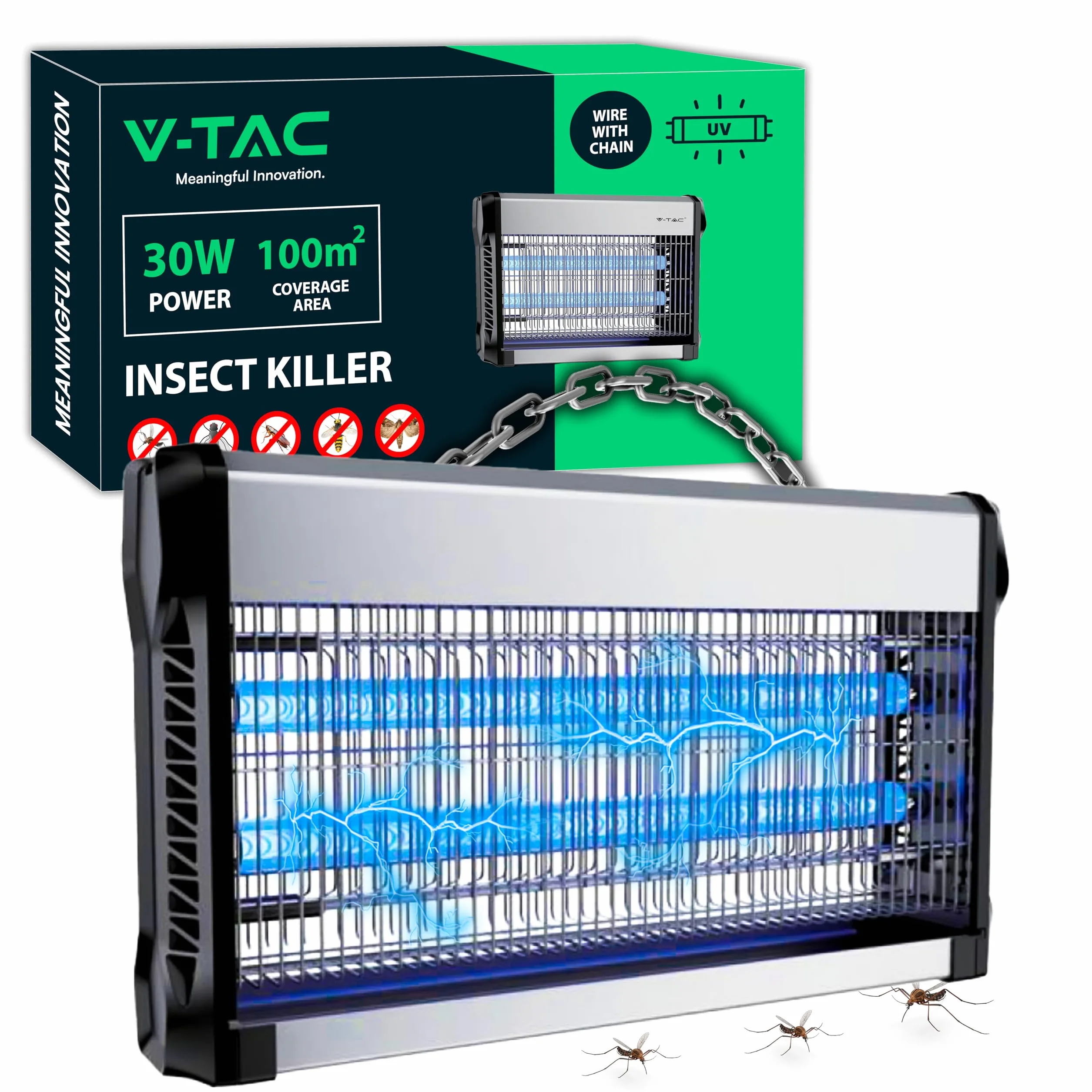 V-TAC Zanzariera Elettrica 30W con Area di Azione 100 m² - Design Sottile - Zanzariera con Luce Blu UV per Uso Interno ed Esterno - Trappola Elettrica contro Zanzare e Insetti - Potenza 30W