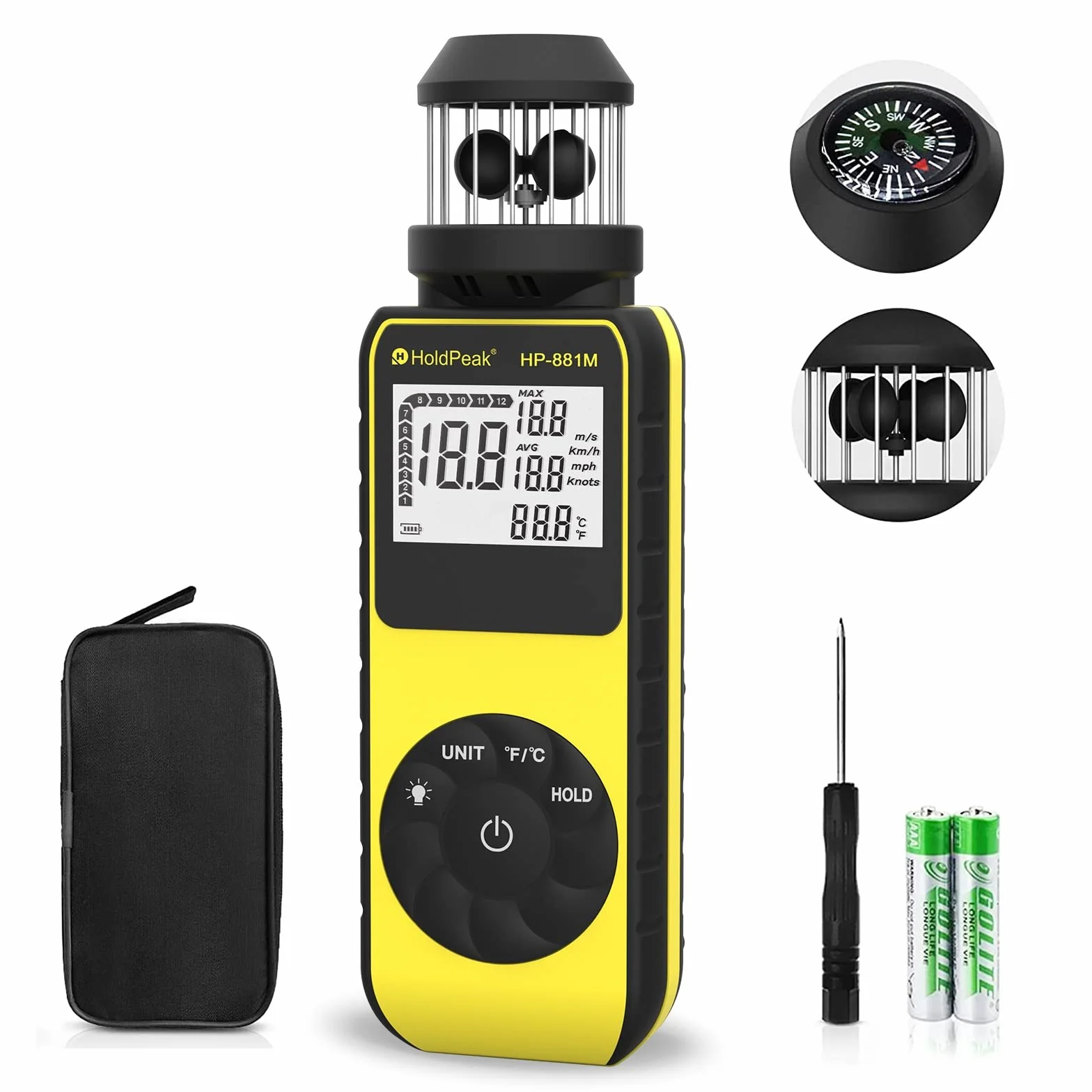 Anemometro Digitale, Anemometro Portatile 0.7~42m/s Misuratore Velocità Vento con MAX/AVG/CURRENT Modalità, Misuratore di Velocità/Temperatura del Vento con Display LCD, Per Kitesurf Vela HVAC Drone