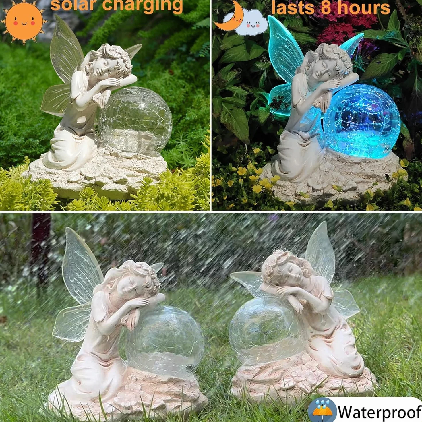 Kizozo Figure solari da giardino con elfo, decorazione da giardino per esterni, lampade solari per esterni, da giardino, a sfera RGB, luci solari per esterni, balconi, regali per donne, uomini, mamma