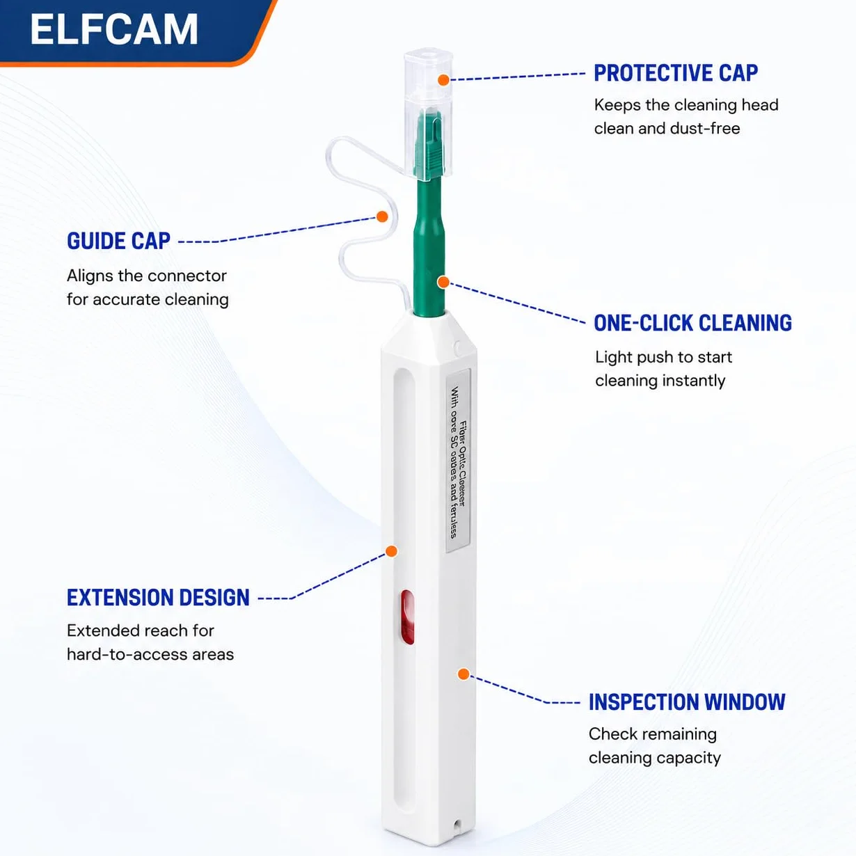 Elfcam Pulitore a Click per Bussole e Connettori a Pannello SC/FC/ST Ferrula 2,5mm Penna Pulizia 800 Pulizie