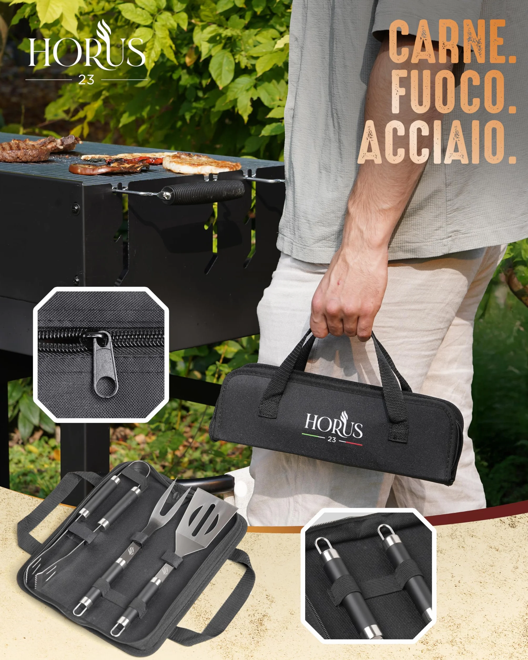HORUS 23® - Set Accessori Barbecue Professionale con Borsa Porta Attrezzi Barbecue - 4 Accessori BBQ: Pinze, Spatola, Forchettone e Guanto Ignifugo