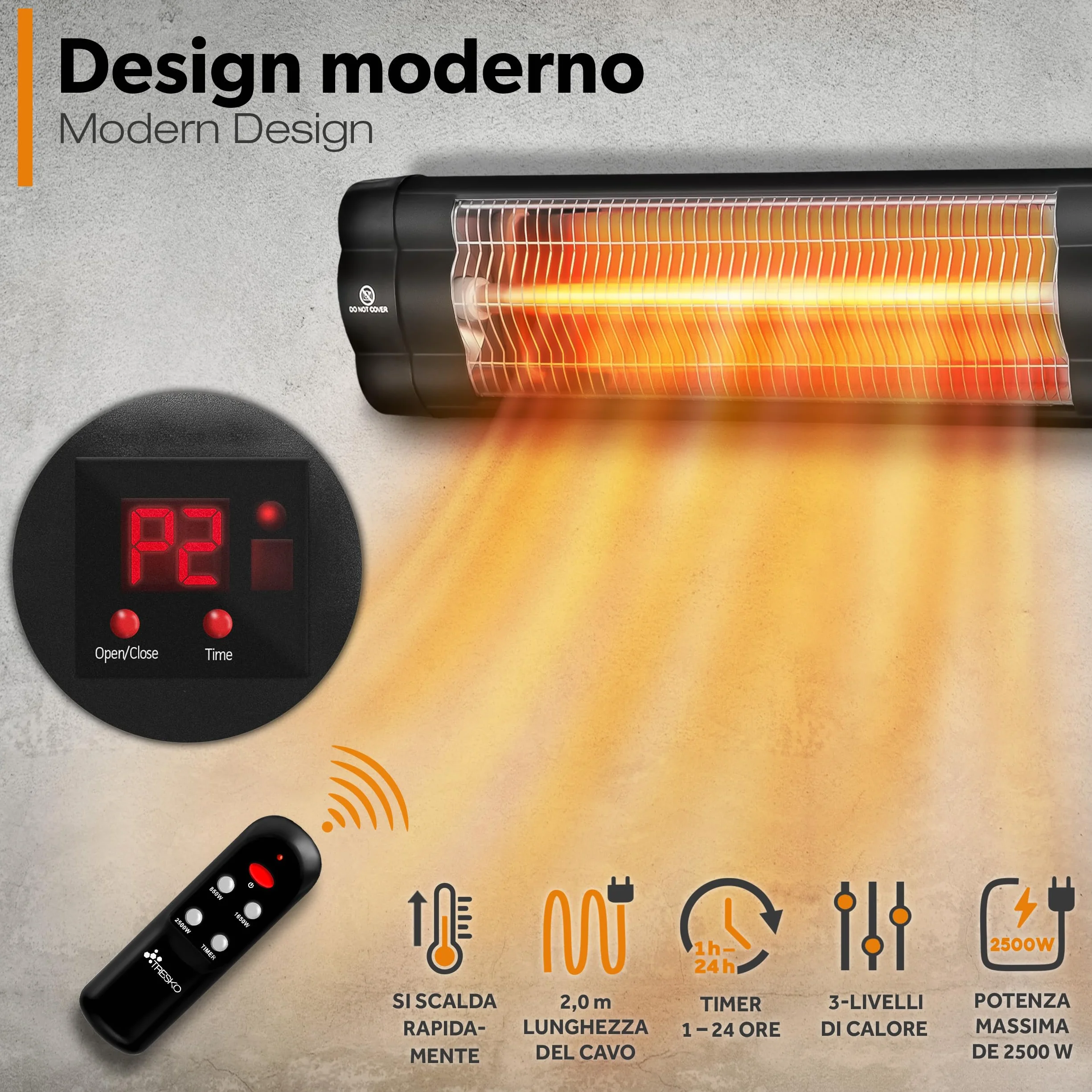 TRESKO Riscaldatore ad Infrarossi 2500W Telecomando 3 Livelli Calore Stufa Elettrica Esterno