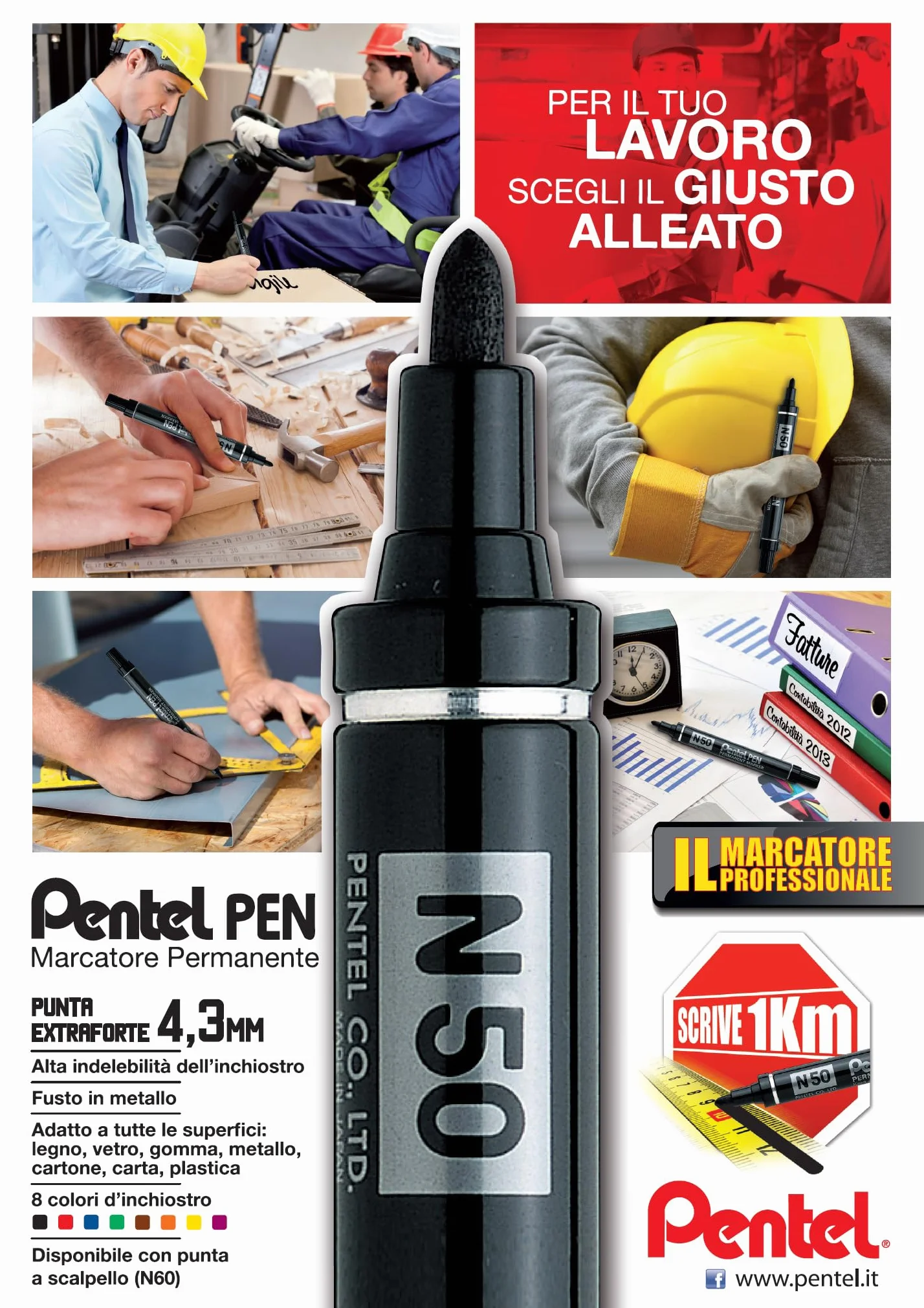 Pentel N50 marcatore permanente punta conica nero 3 pz