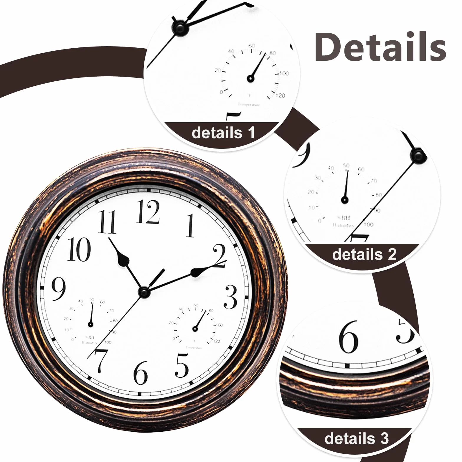 PORFOYO Orologio Da Parete, Orologio Da Giardino, Orologio Da Esterno, Per Interni Ed Esterni, Resistente Alle Intemperie, Con Termometro E Igrometro, Orologio Da Esterno Da 12 Pollici