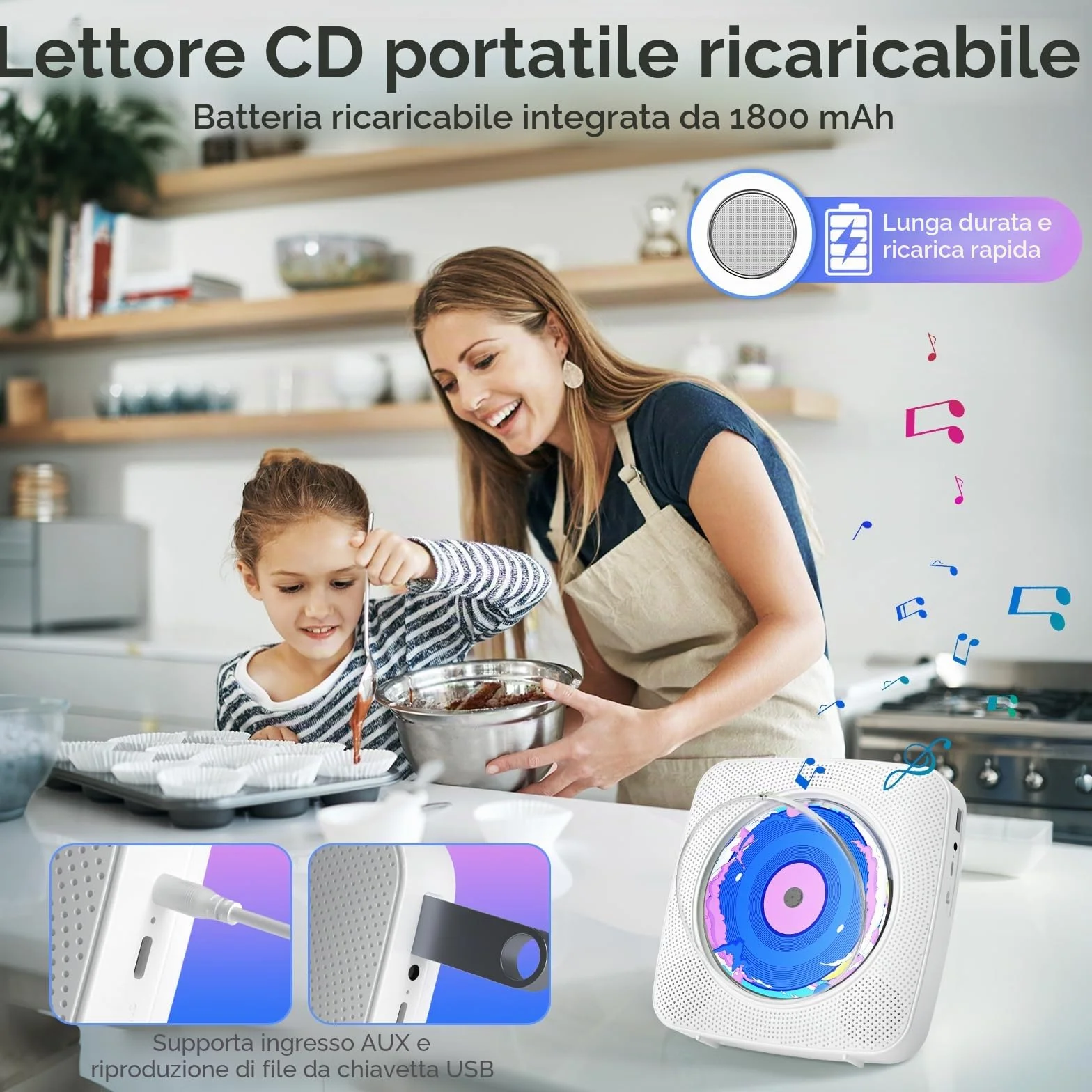 Lettore CD Portatile Bluetooth Kegaudio con Altoparlante USB/AUX Presa per Cuffie Bianco