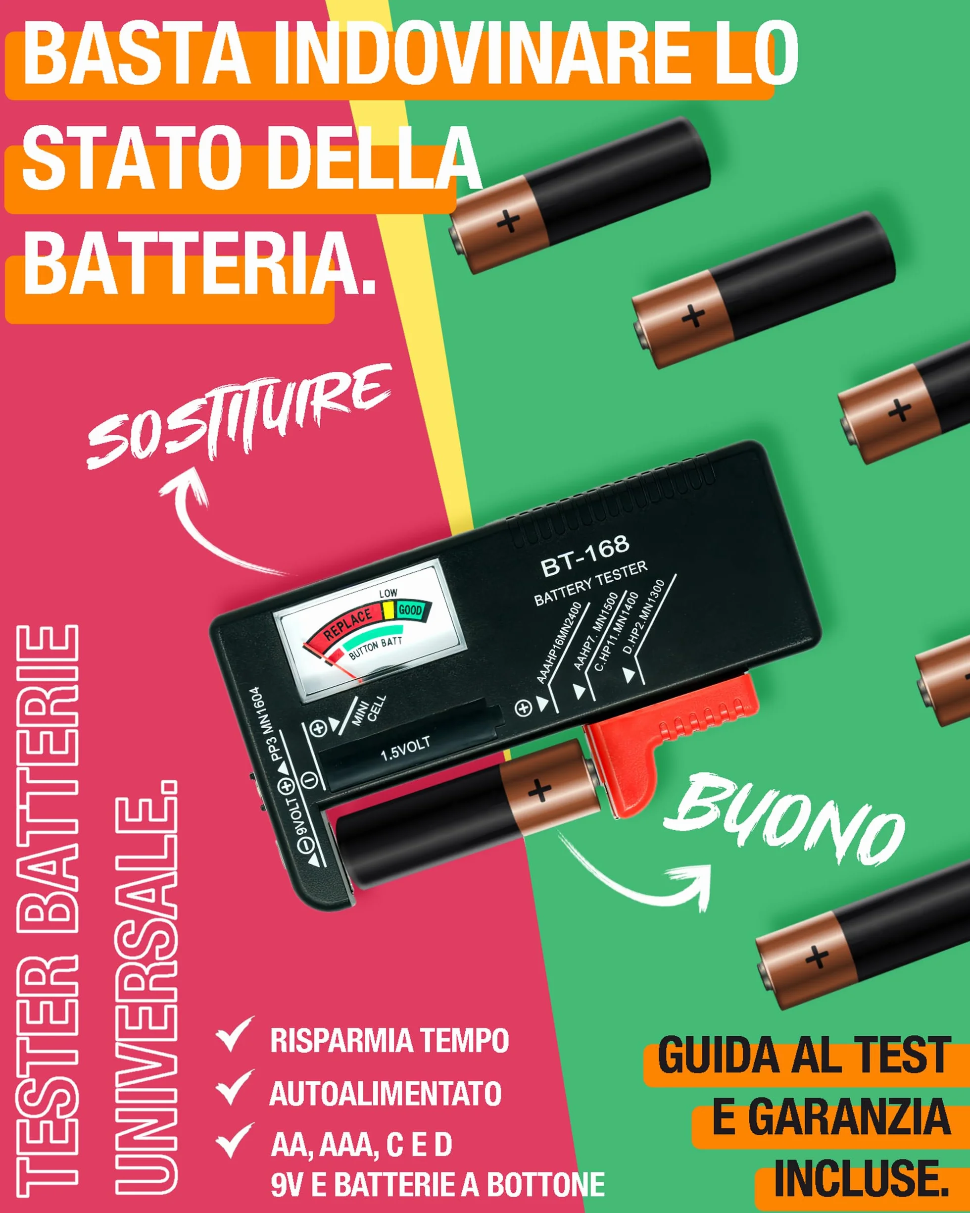 Organizer Batterie con Tester e Cacciavite – Custodia Compatta per AAA, AA, C, D, 9V