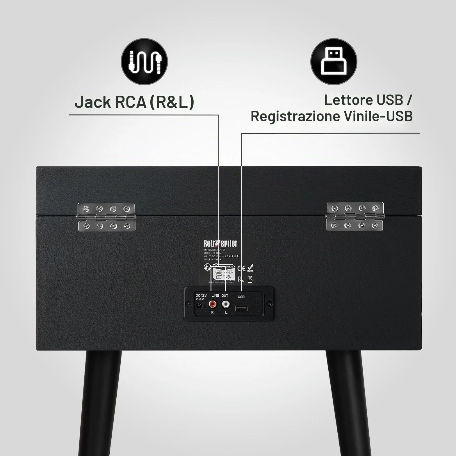 Giradischi Bluetooth 3 Velocità con Altoparlanti Integrati e Gambe Staccabili, Riproduzione USB, Nero