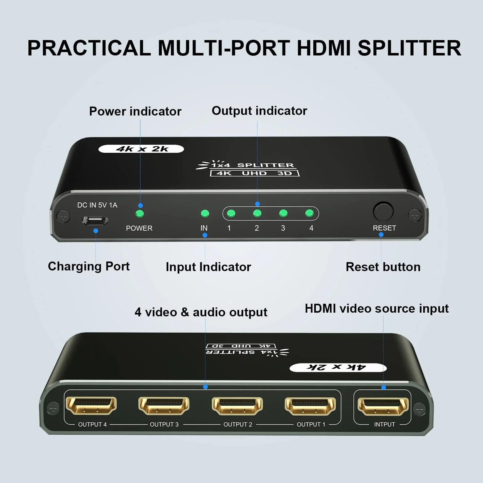 HDMI Splitter 1 in 4 Out 4K@30Hz 4-Port Powered Duplicator for PC Xbox PS4