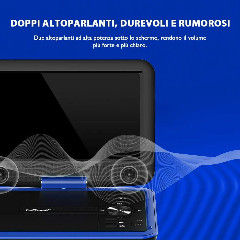 ieGeek 11.5" Lettore DVD portatile schermo girevole 360° LCD protezione occhi batteria ricaricabile 5 ore riproduzione loop Blu