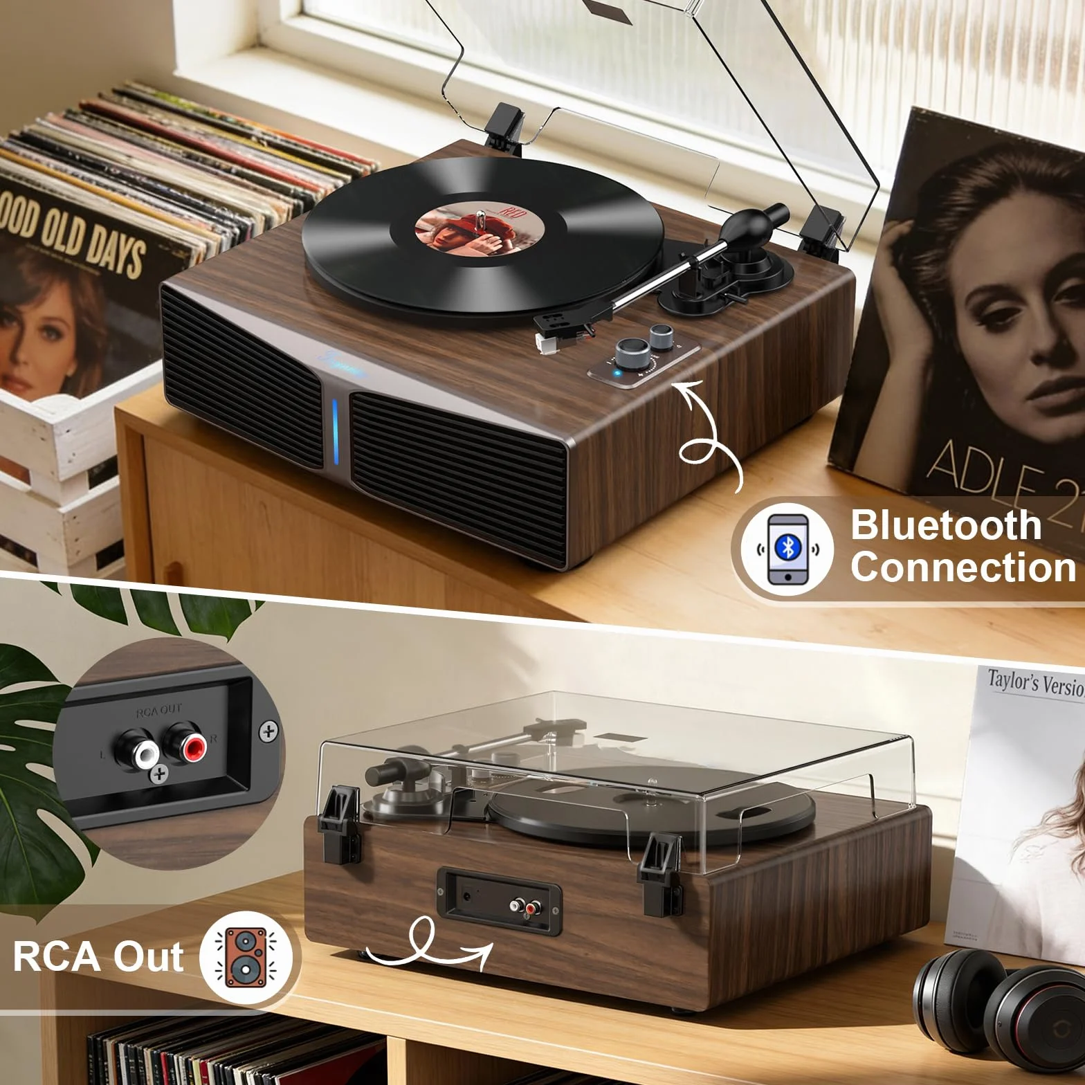 Giradischi Bluetooth con altoparlanti integrati, contrappeso regolabile, AT-3600L, 33/45 giri, Marrone